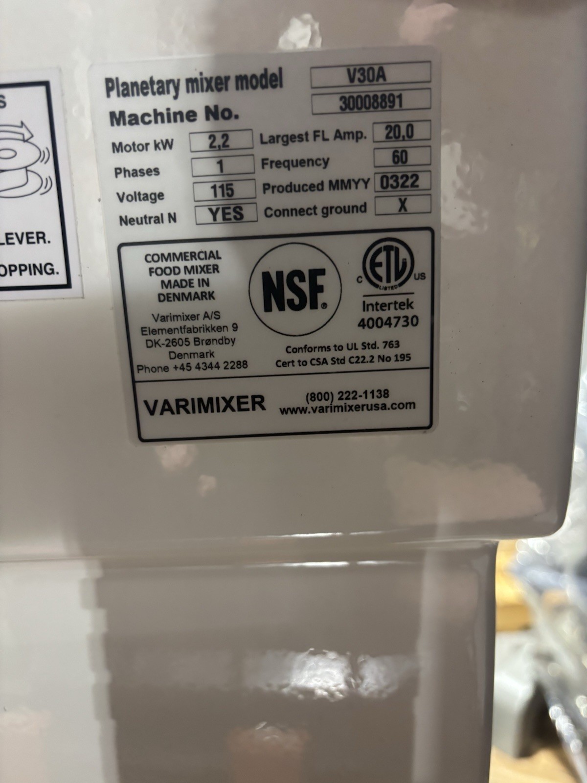 Varimixer V30A 30 Qt. Commercial Planetary Floor Mixer