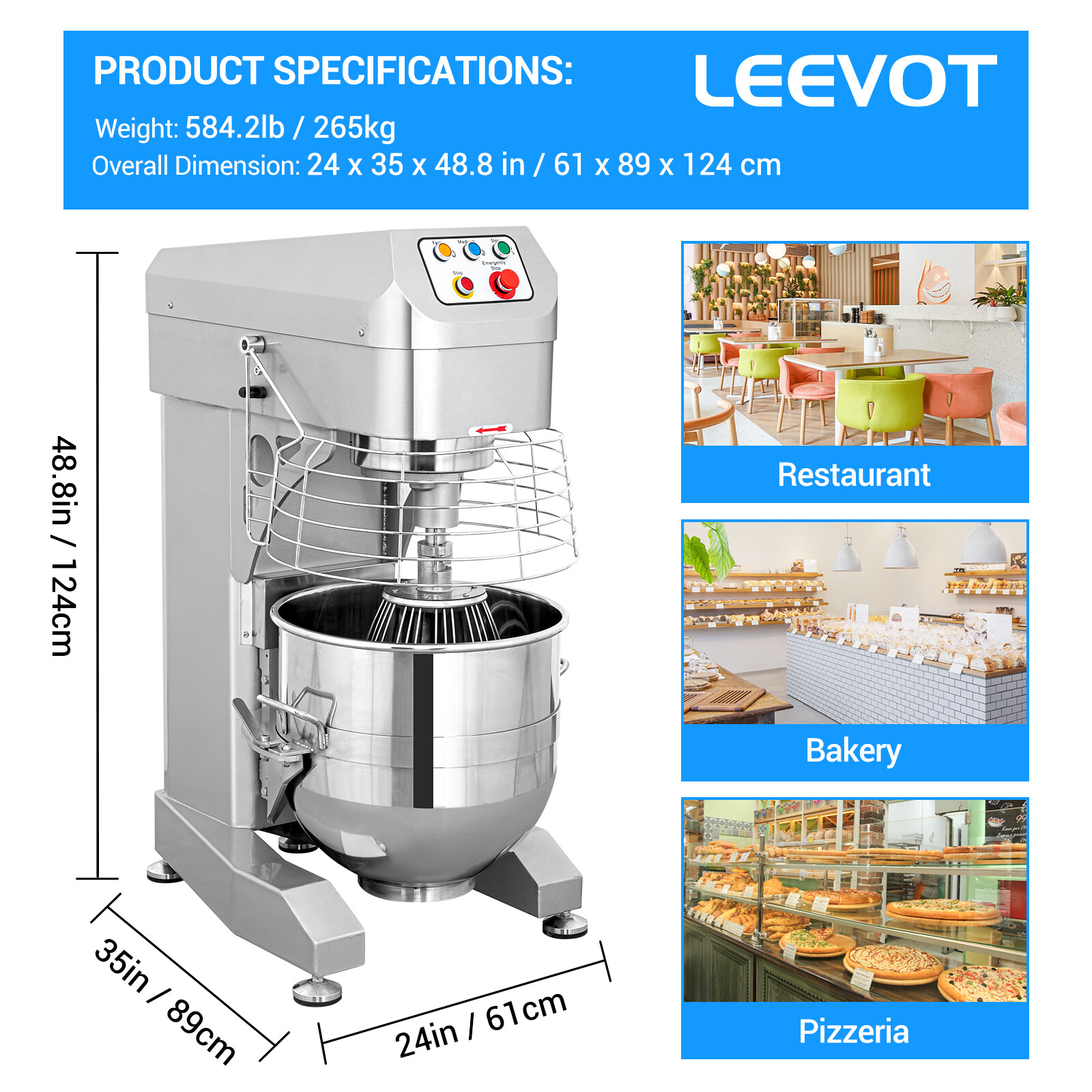LEEVOT Commercial Electric Food Dough Mixer Food Mixer 3 Speeds Machine 10L-60L