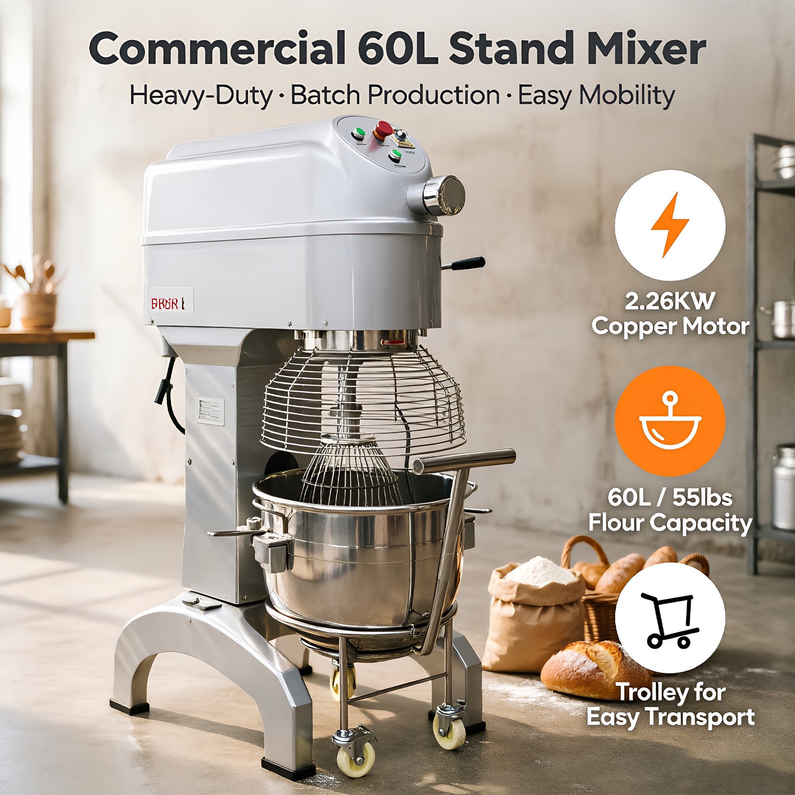60L Commercial Planetary Stand Mixer Dough Kneading Egg Whisk w Bowl & Trolley