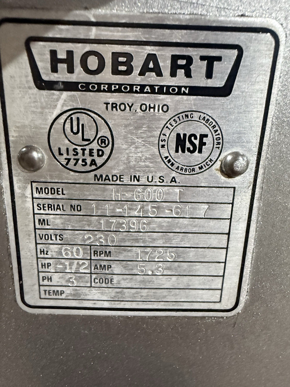 Hobart 60qt H-600-T Industrial Dough Mixer 3ph 2hp￼
