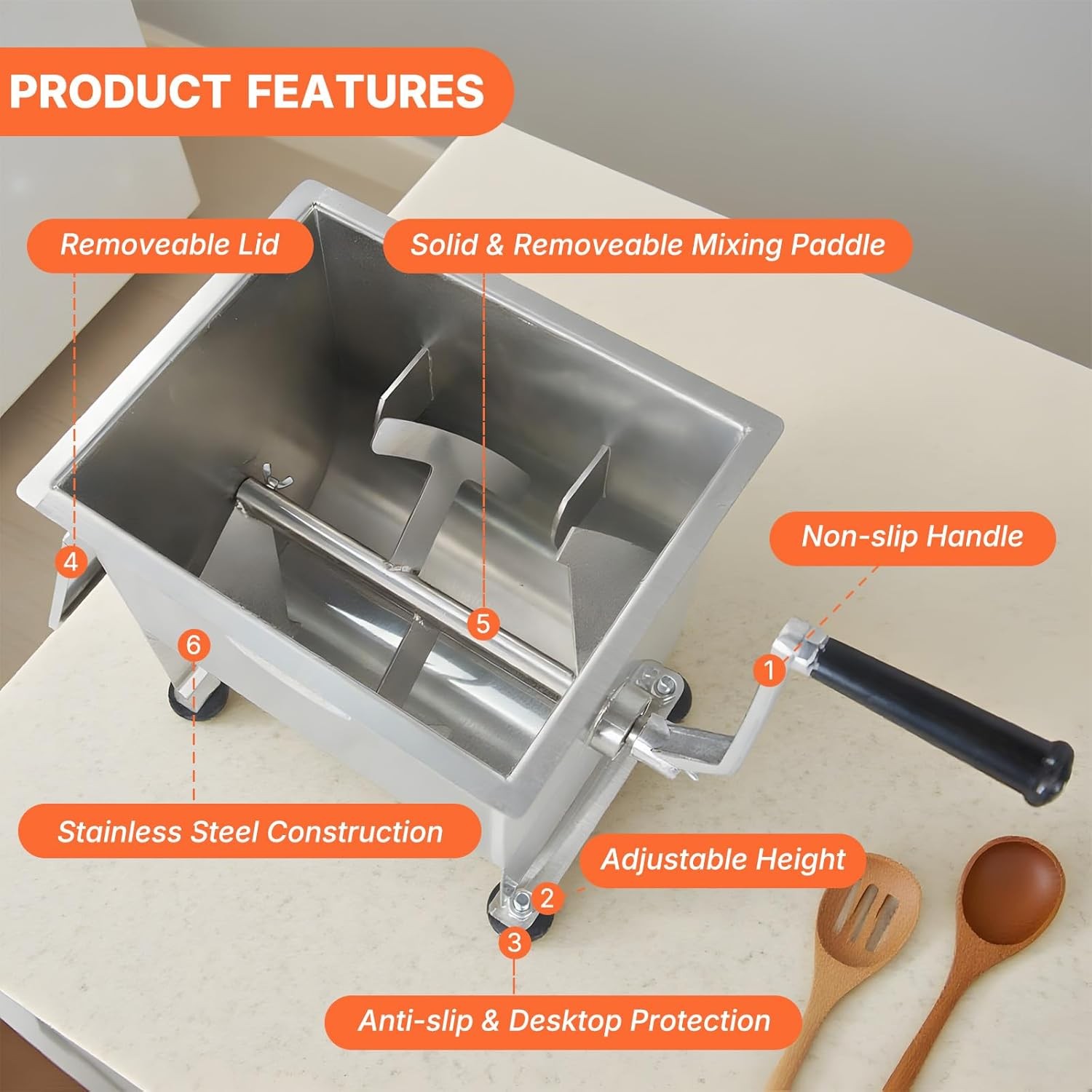 15lb/7.5L Manual Meat Mixer, Stainless Steel 10L Fixed Tank No Gear BoxMeatMixer