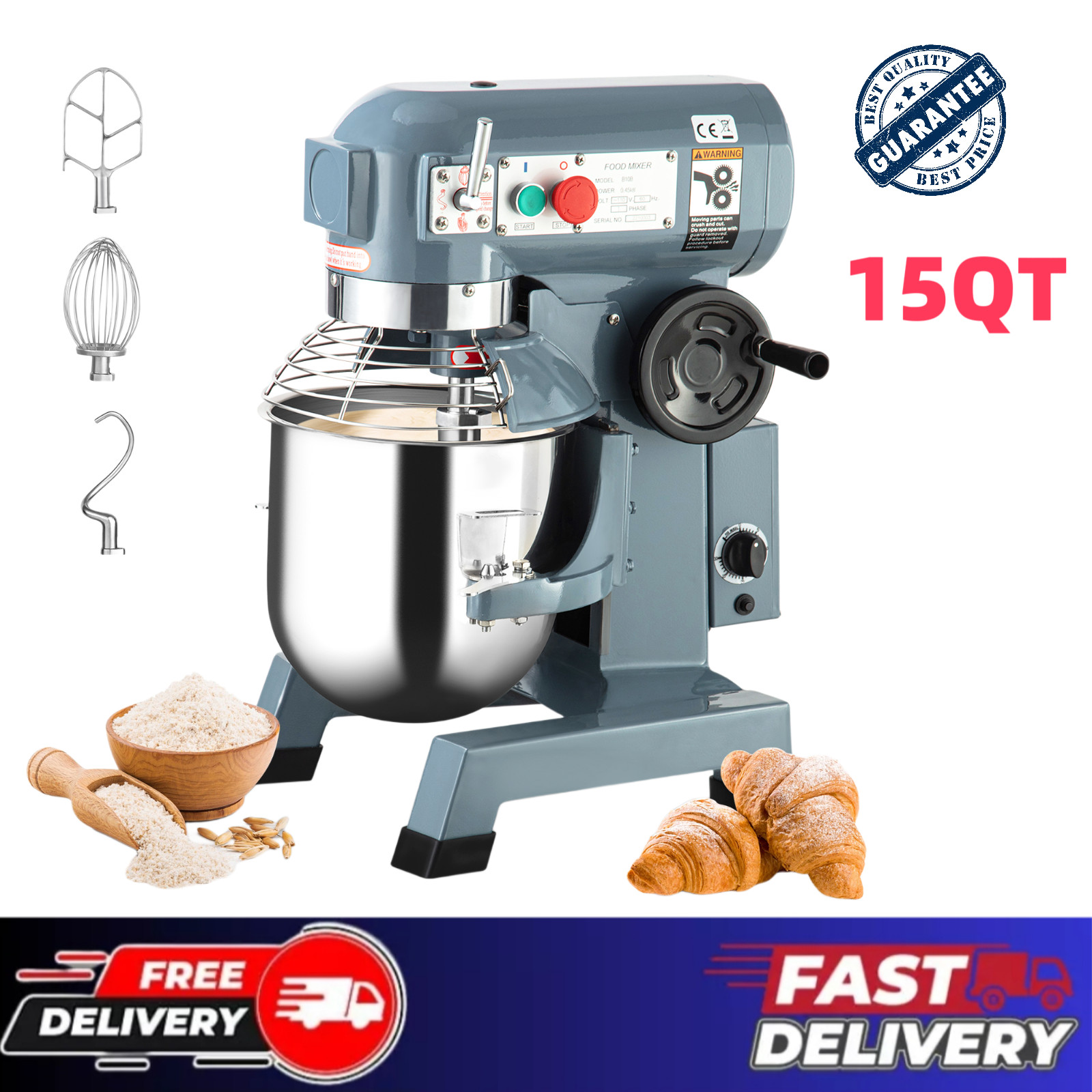 Food Mixer With Stainless Steel Bowl 15qt, 600w Vertical Dough Kneading Machine