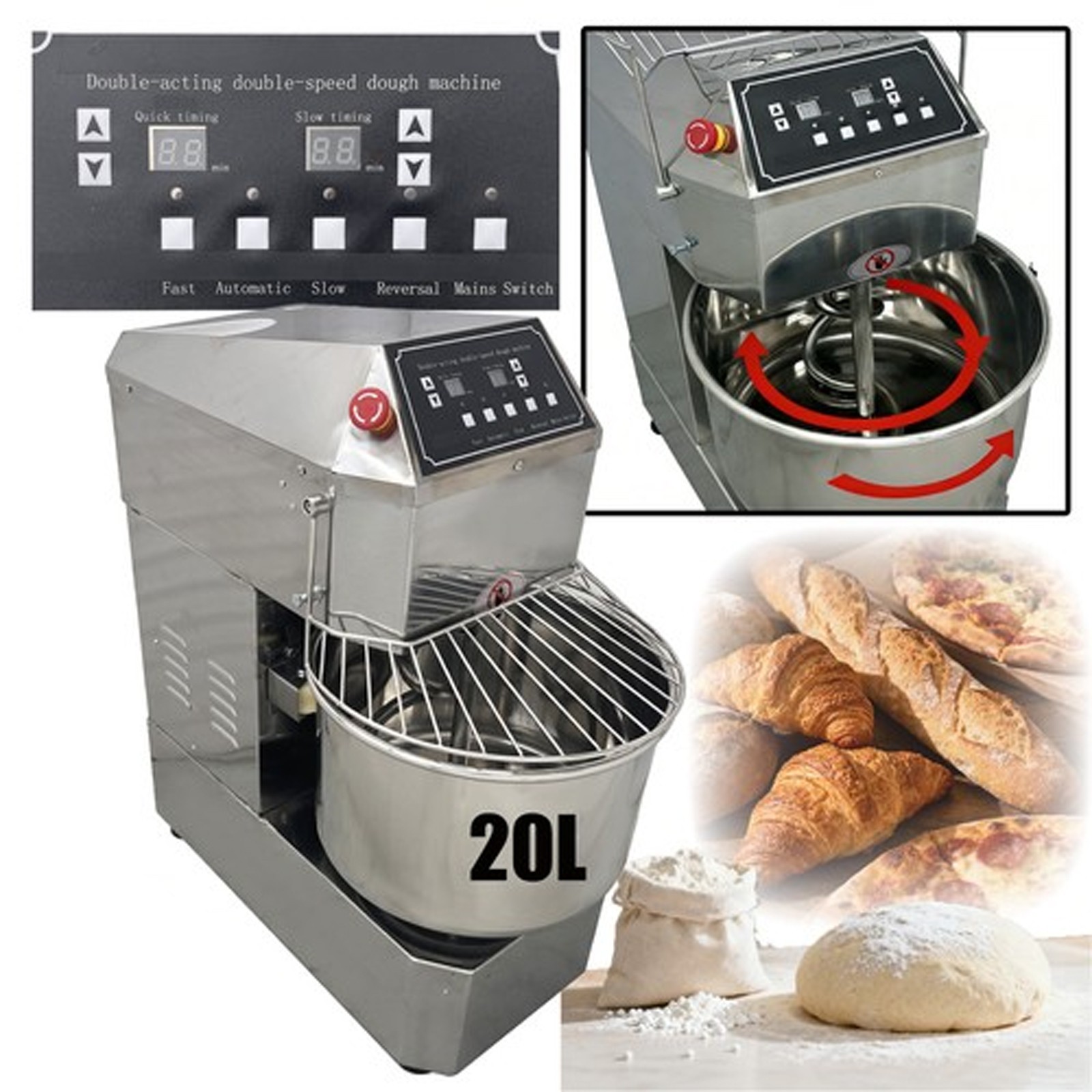 20L Double-Speed Double-Action Dough Mixer Auto-Stop Slow & Fast Speed Settings