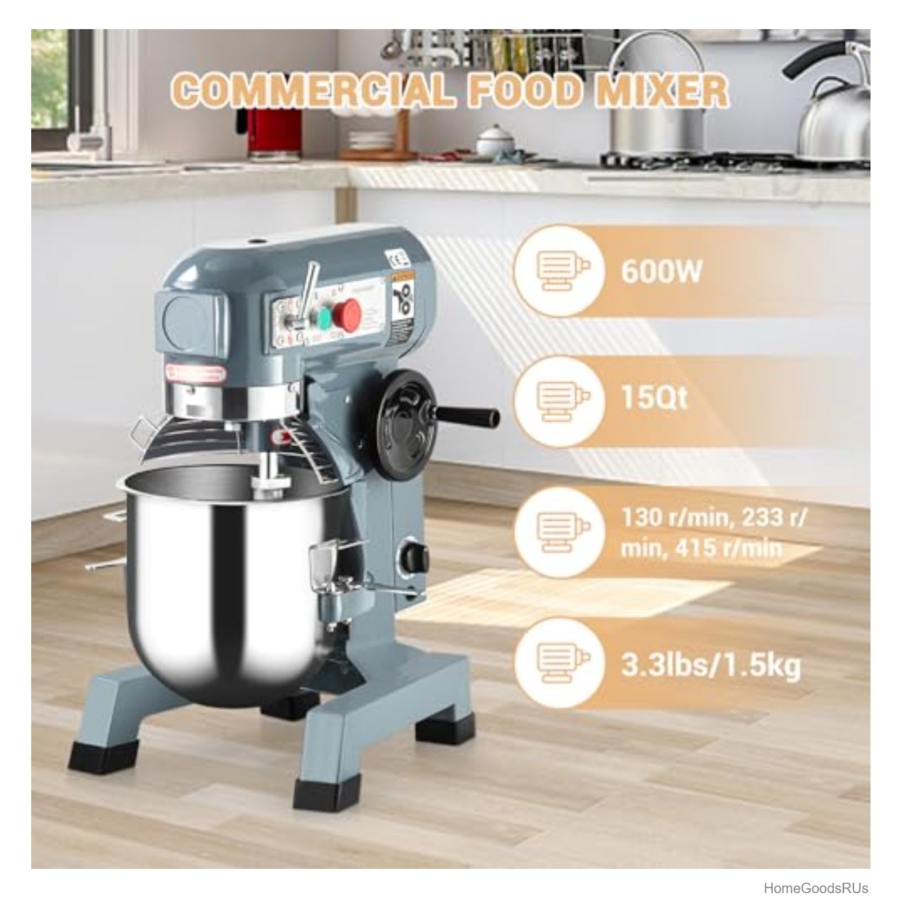 Commercial Food Mixer 15 Quart 660W 3 Speed Stand Mixer Stainless Steel Bowl