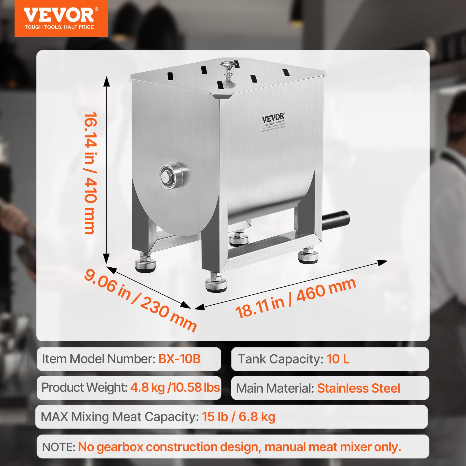 VEVOR Manual Meat Mixer Fixed Tank Mixing Max 15LB for Meat Sausage Mixer