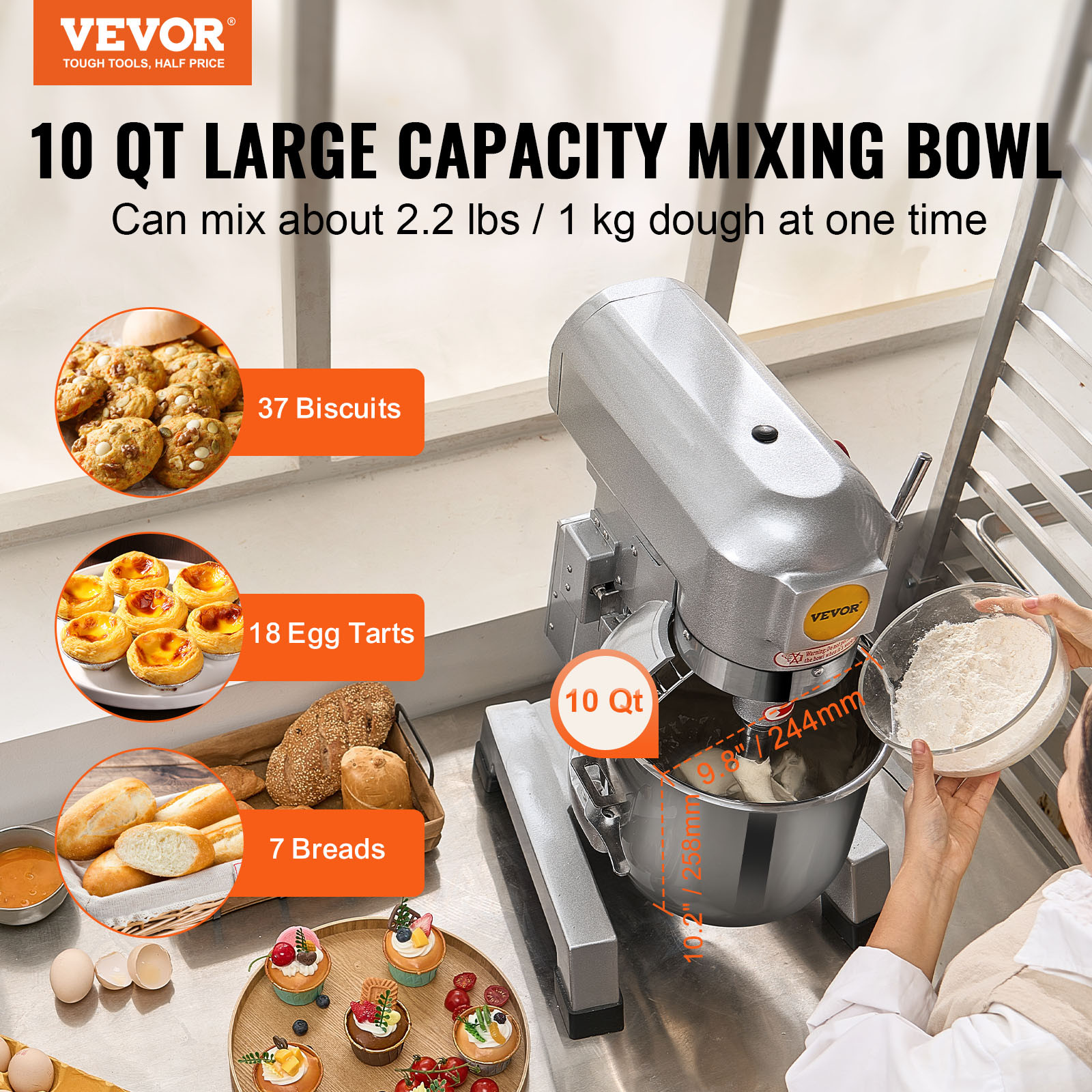 VEVOR Commercial Electric Food Mixer Stand Mixer 10Qt Dough Mixer 3 Speeds 550W