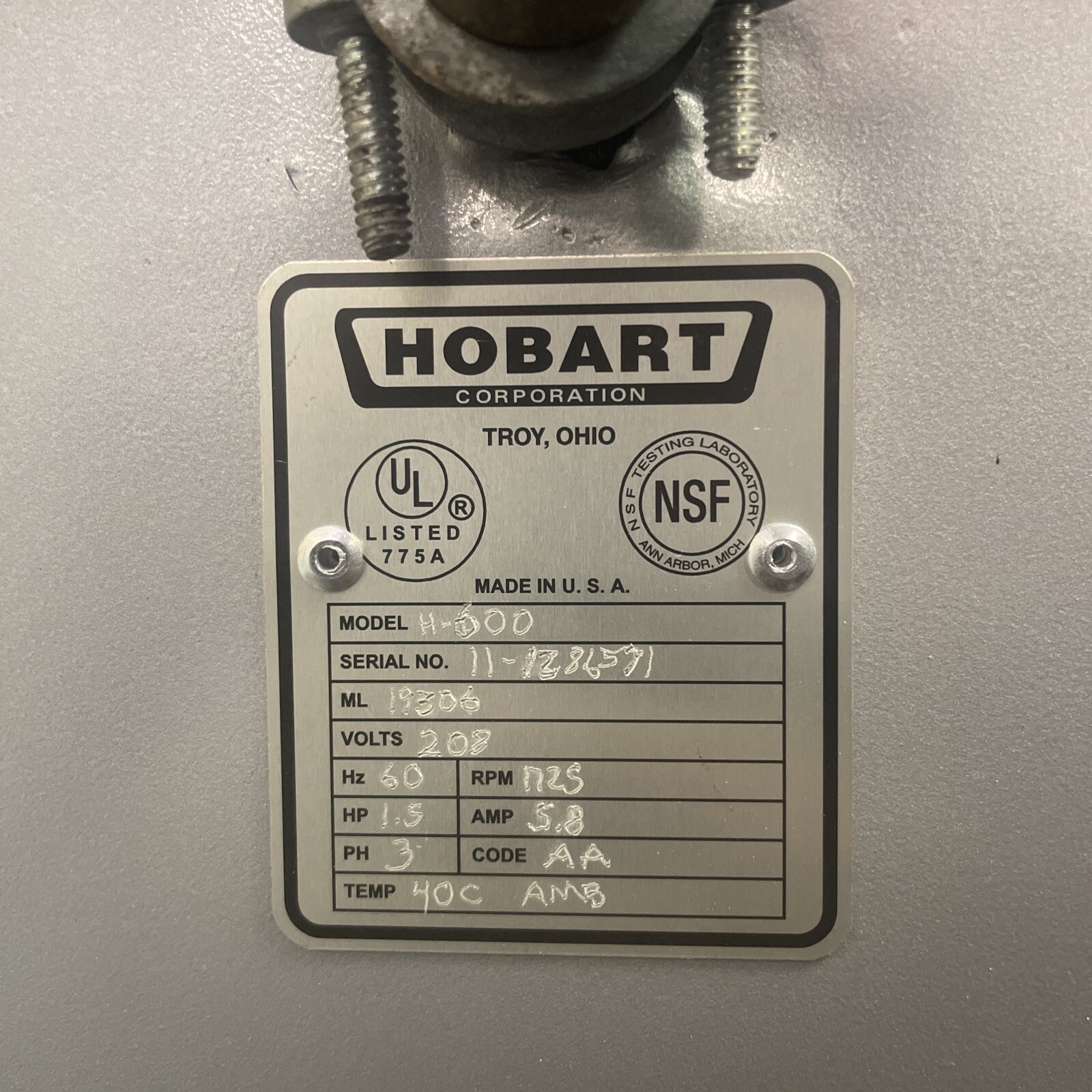 HOBART H600T Dough Mixer 3ph 1.5 HP