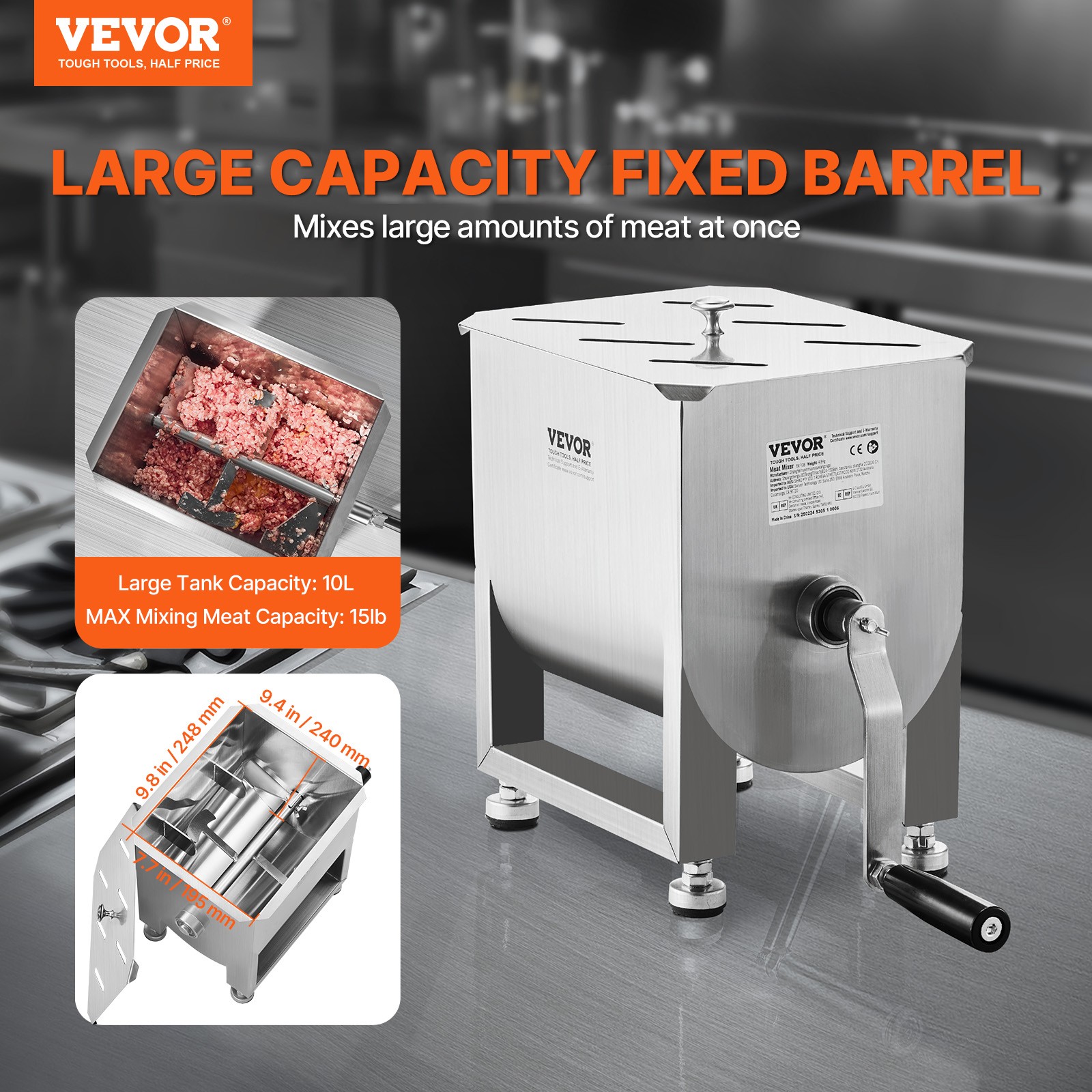VEVOR Manual Meat Mixer Fixed Tank Mixing Max 15LB for Meat Sausage Mixer