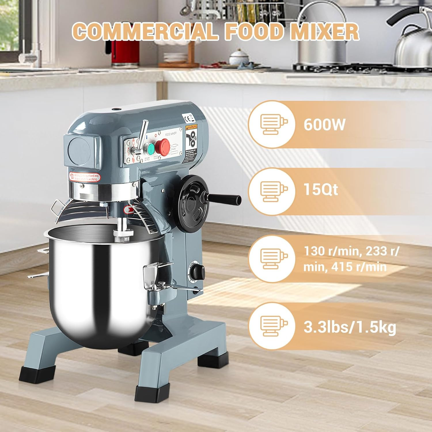 15Qt Heavy Duty Commercial Food Mixer with 3 Speeds & Timer for Bakeries