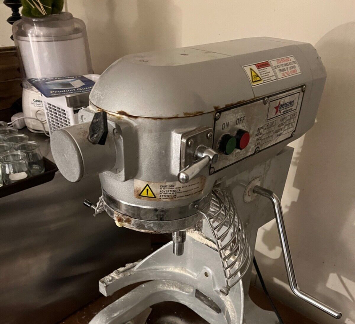 Omcon 20 qt, 3-speed commercial-grade mixer. Silver finish, paddle, whisk
