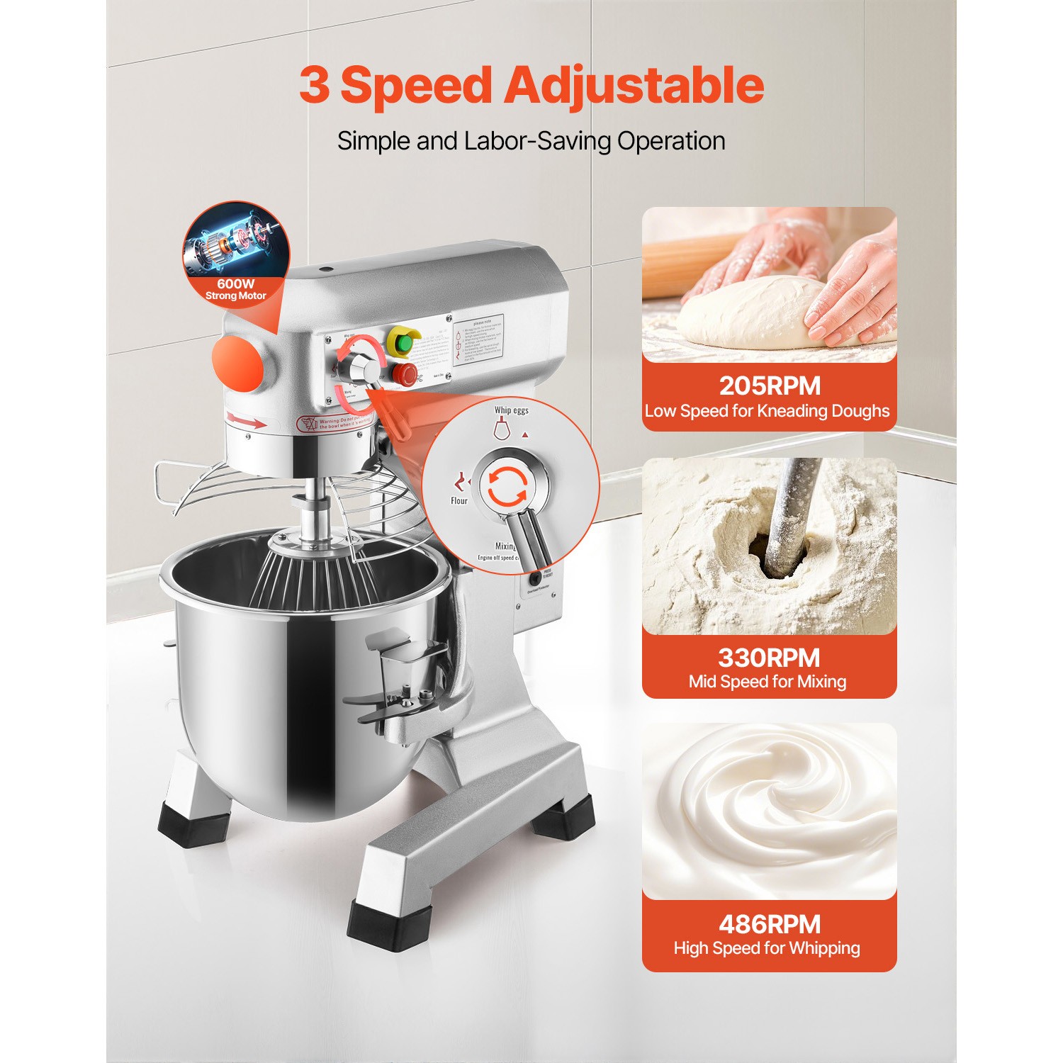 VEVOR Commercial Food Mixer Electric Dough Mixer 15Qt 3 Speeds Pizza Bakery 600W