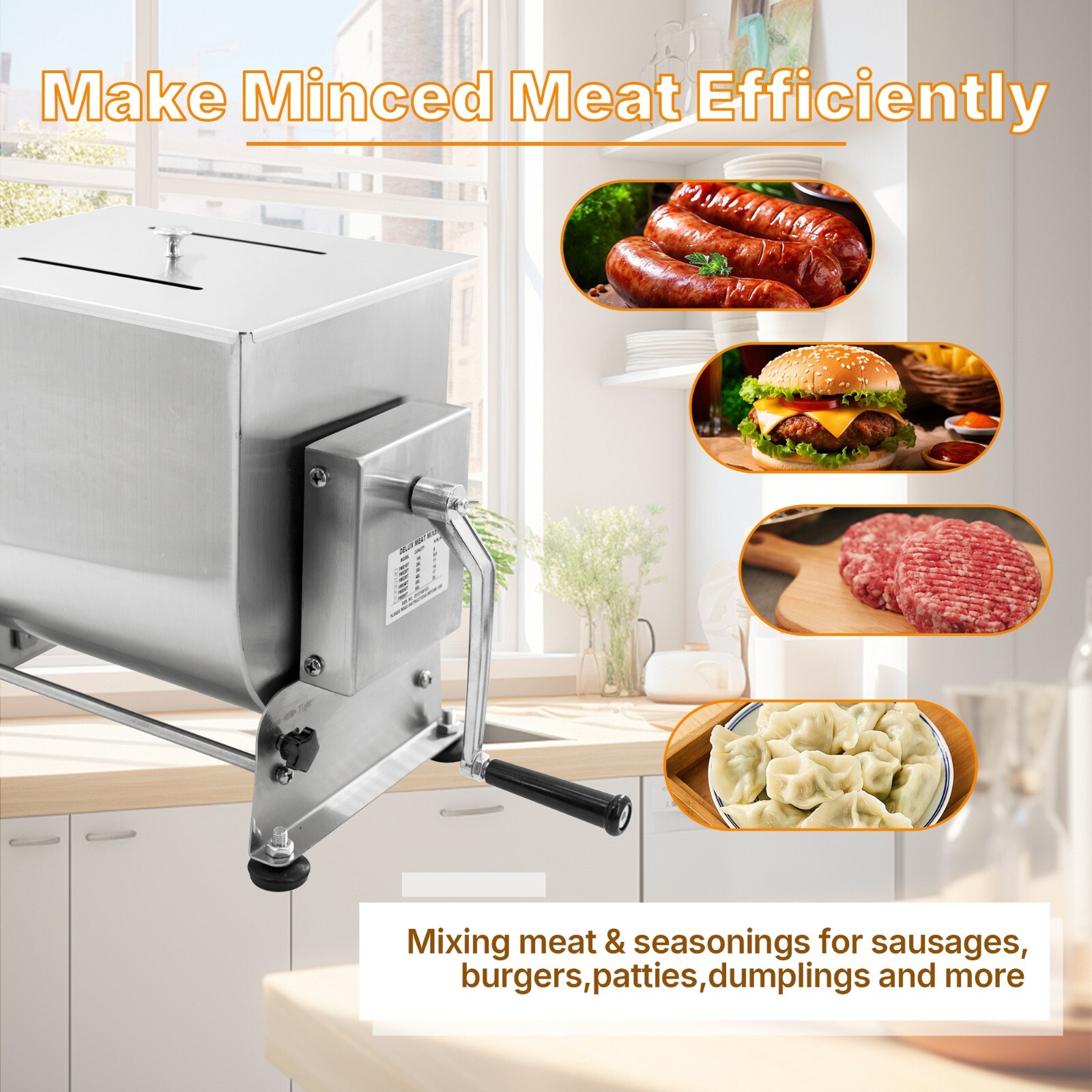 Clivia Tilt Tank Meat Mixer 30LB 15L Manual Food Sausage Mixing Stainless Steel