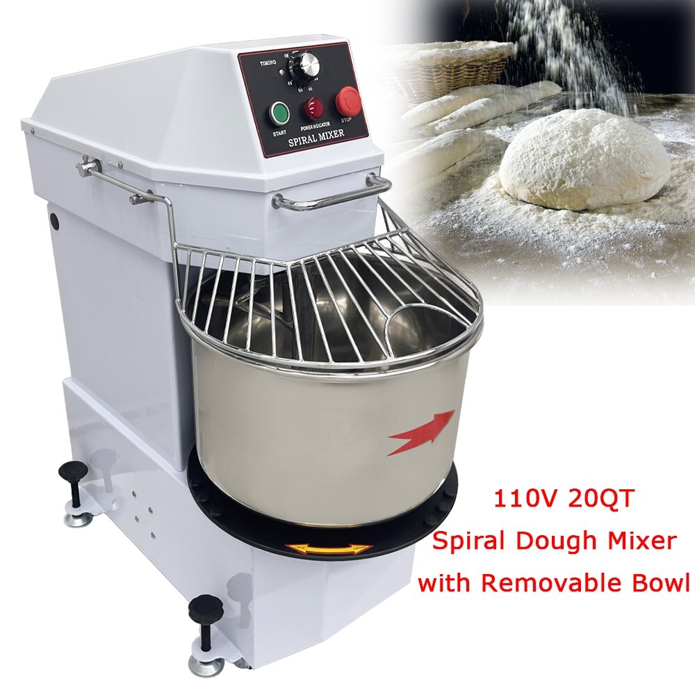 20QT Commercial Food Mixer Flour Mixer 110V Spiral Dough Mixer w/ Removable Bowl