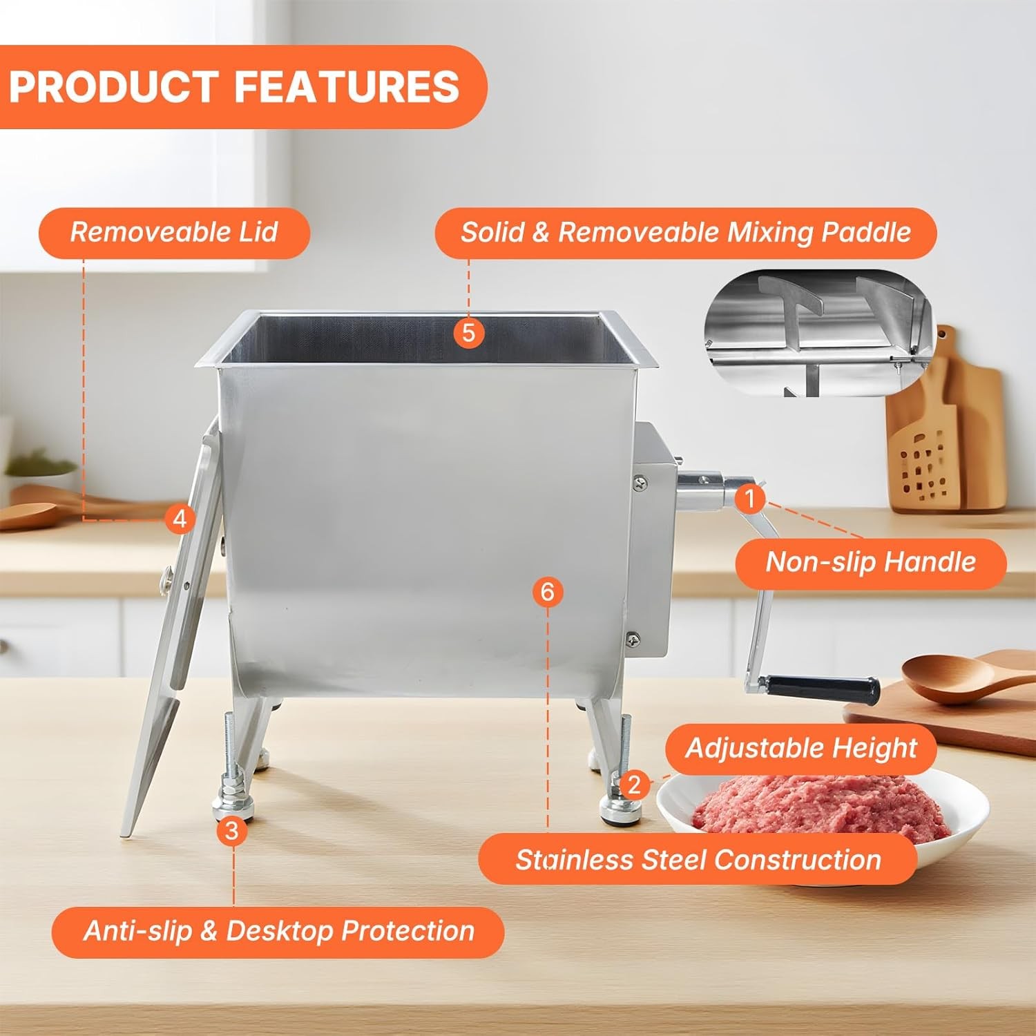 15lb/7.5L Manual Meat Mixer, Stainless Steel 10L Fixed Tank Meat MixerforSausage