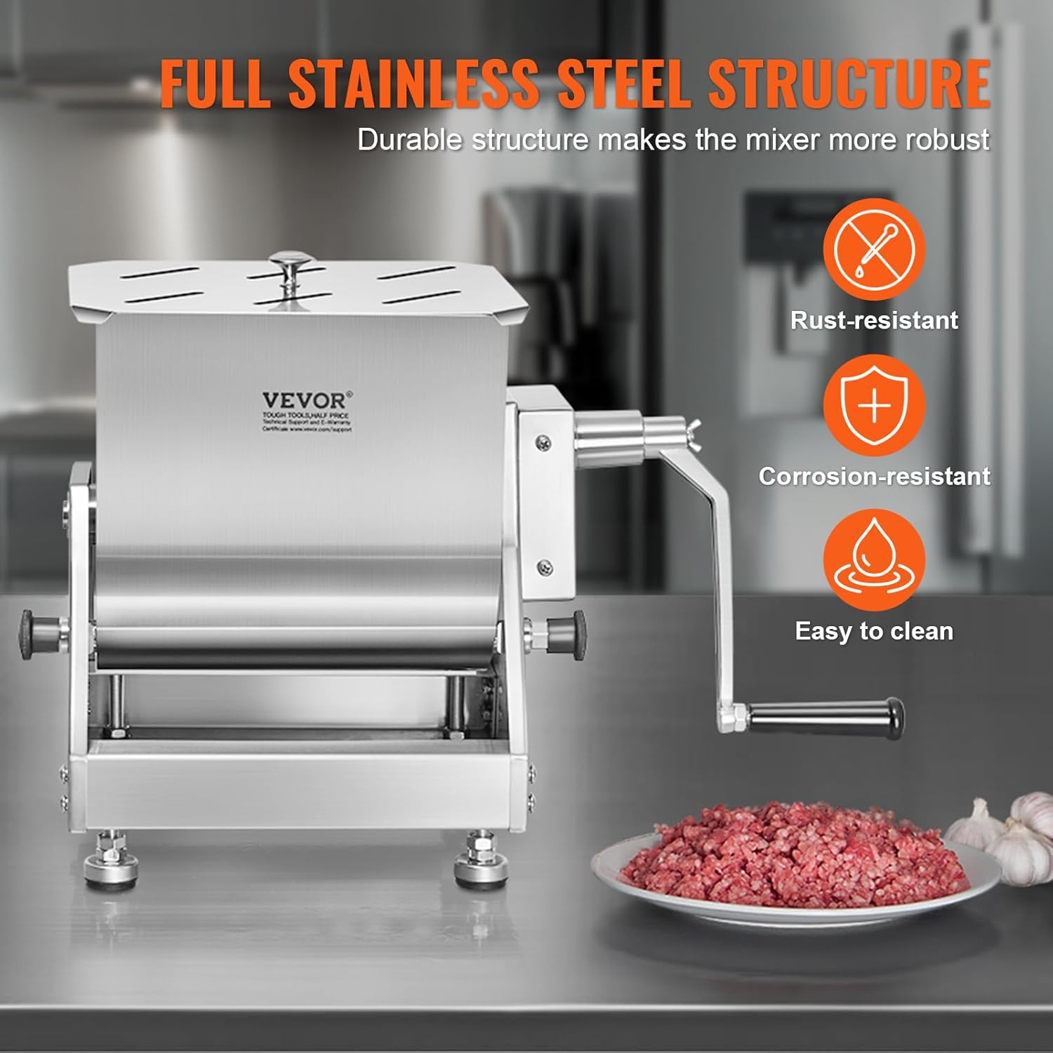 15lb Stainless Steel Manual Meat Mixer with Lid & Handle for Sausage Making