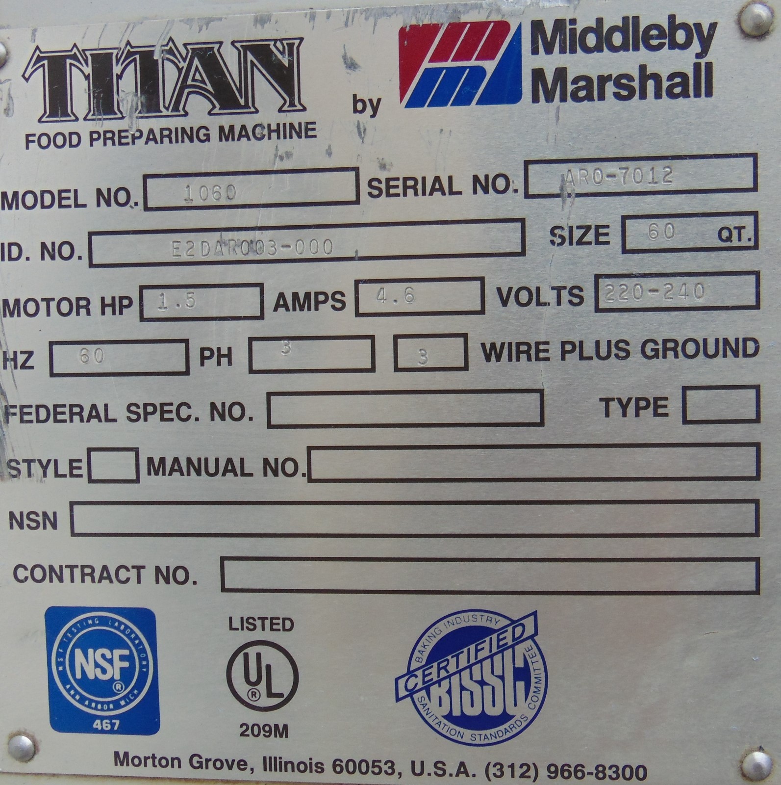 Titan 60qt dough mixer by middleby marshall, 3 phase