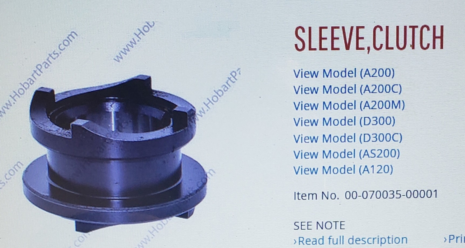 Hobart D300 A200 Sleeve Clutch 00-070035-00002 or 00-070035-00001