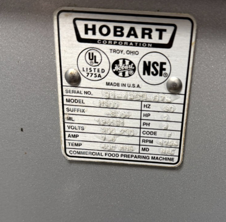 60 Quart Hobart H600 T Mixer Qt 200V 3 Ph 2 HP Stainless Steel NSF Bowl & 3 Att