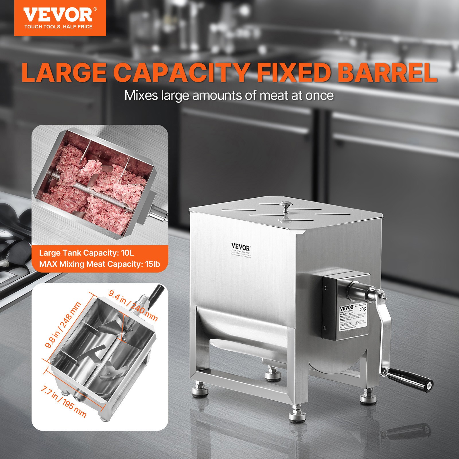 VEVOR Manual Meat Mixer Tank Mixing Max 15LB for Meat Sausage Mixer Machine