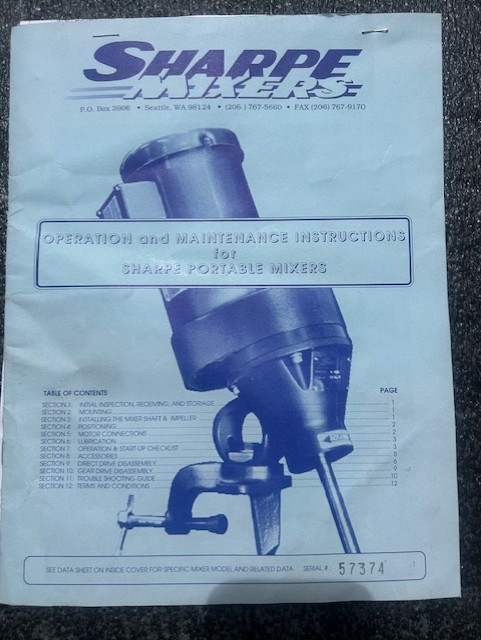 SHARPE MIXER Portable Clamp Mount Mixer .5HP 1750RPM 316SS 20″ shaft 10″ prop