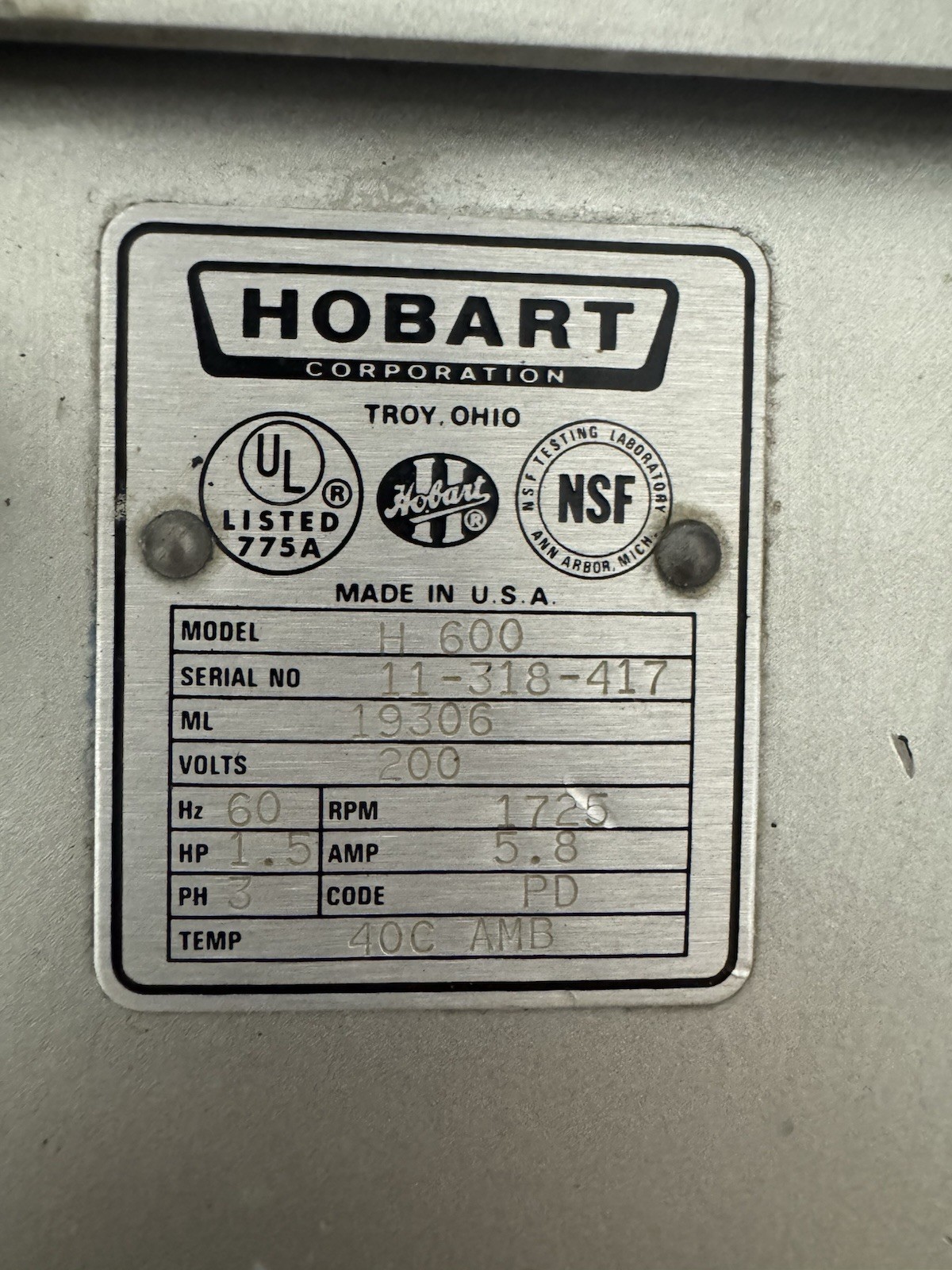 Hobart H600 60 Quart Planetary Mixer Commercial Industrial Bakery Dough USED