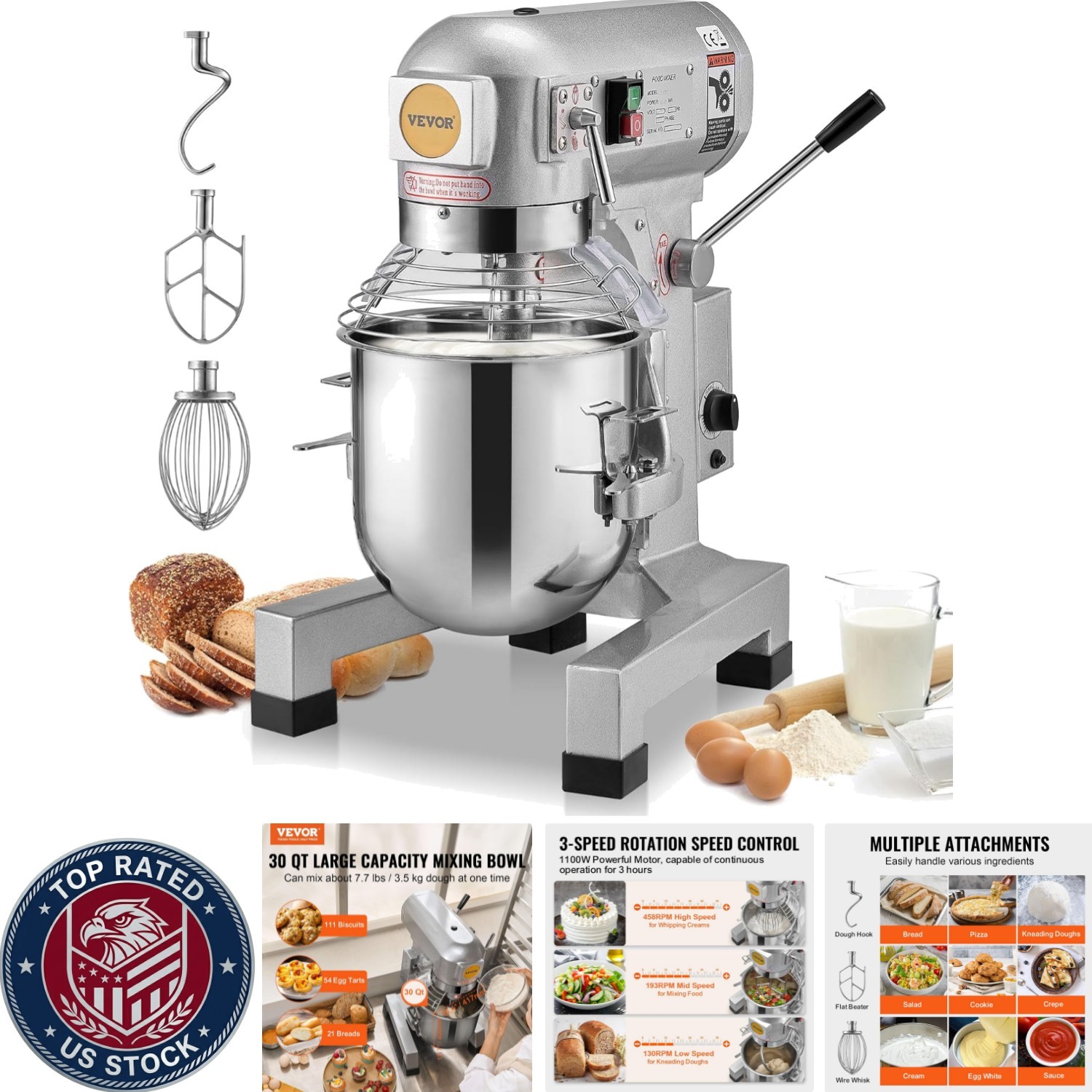 Professional 30Qt Mixer with Adjustable Speeds for Commercial Kitchens