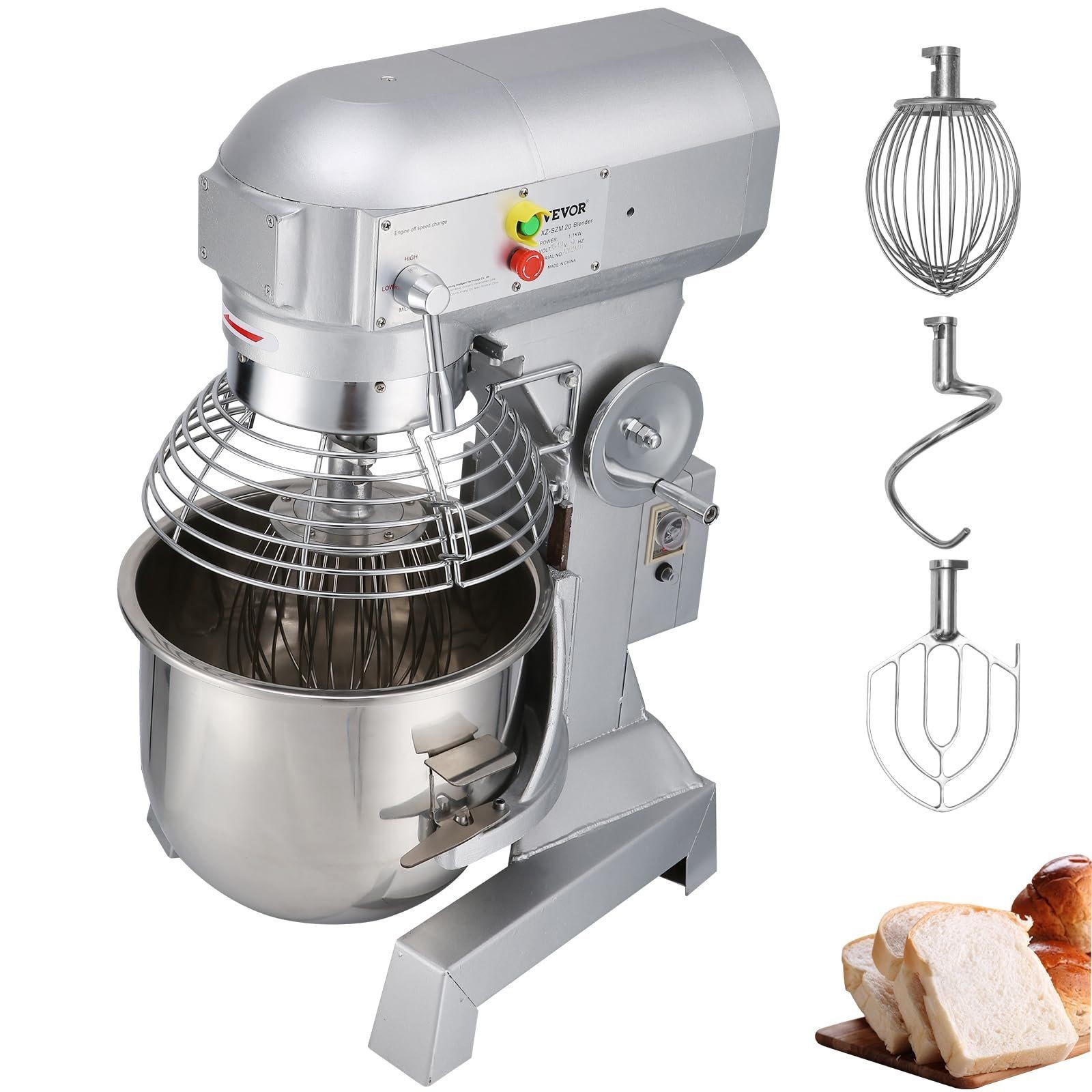 15Qt 600W 3-Speed Commercial Food Mixer with Stainless Bowl & Attachments