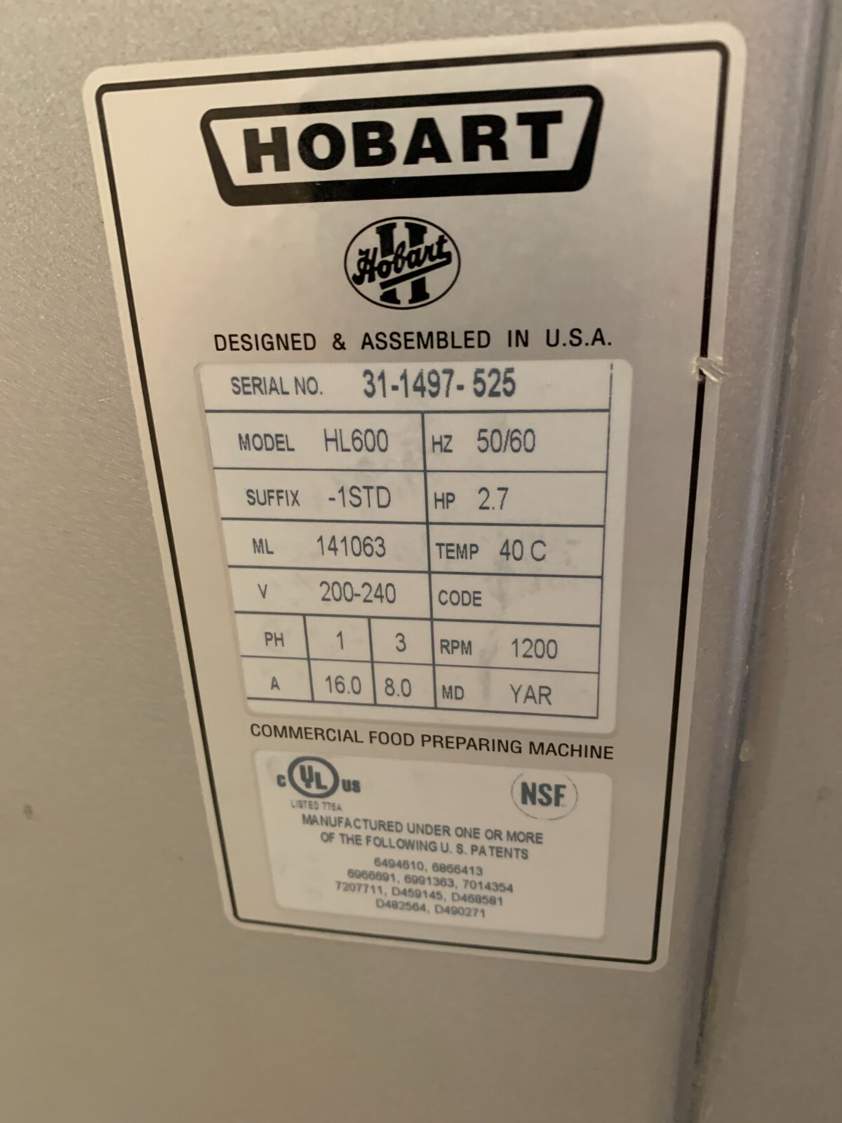Hobart Legacy 60qt Mixer HL600 + Bowl, Spiral Hook & Wire Whip