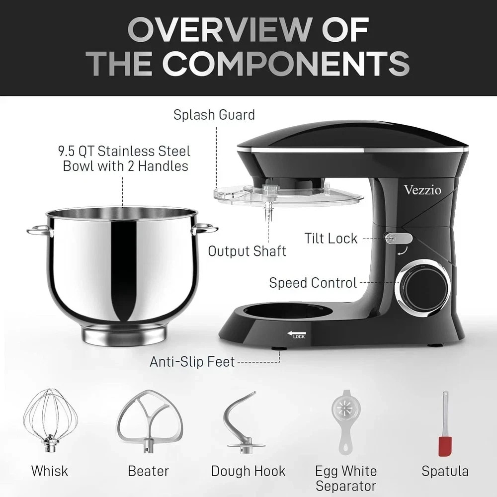 9.5 Qt Stand Mixer, 10-Speed Tilt-Head Food Mixer, Vezzio 660W Kitchen Electric