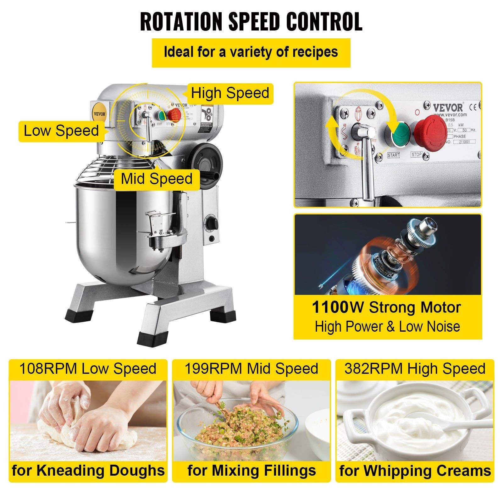 30Qt 1100W 3-Speed 108/199/382 RPM Food Mixer with Timer & Stainless Bowl