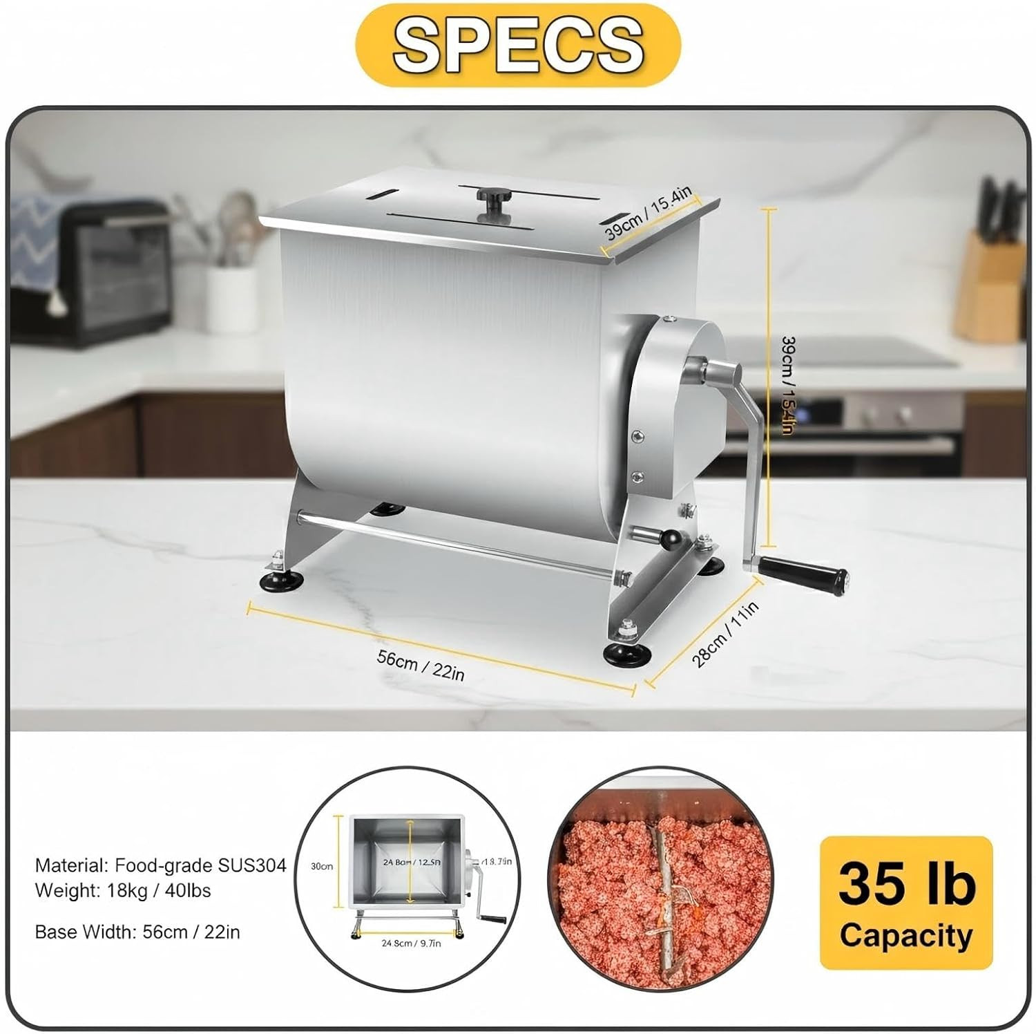 Manual Tilting Meat Mixer, 35 Lb / 6 Gallon Capacity, Stainless Steel Sausage St
