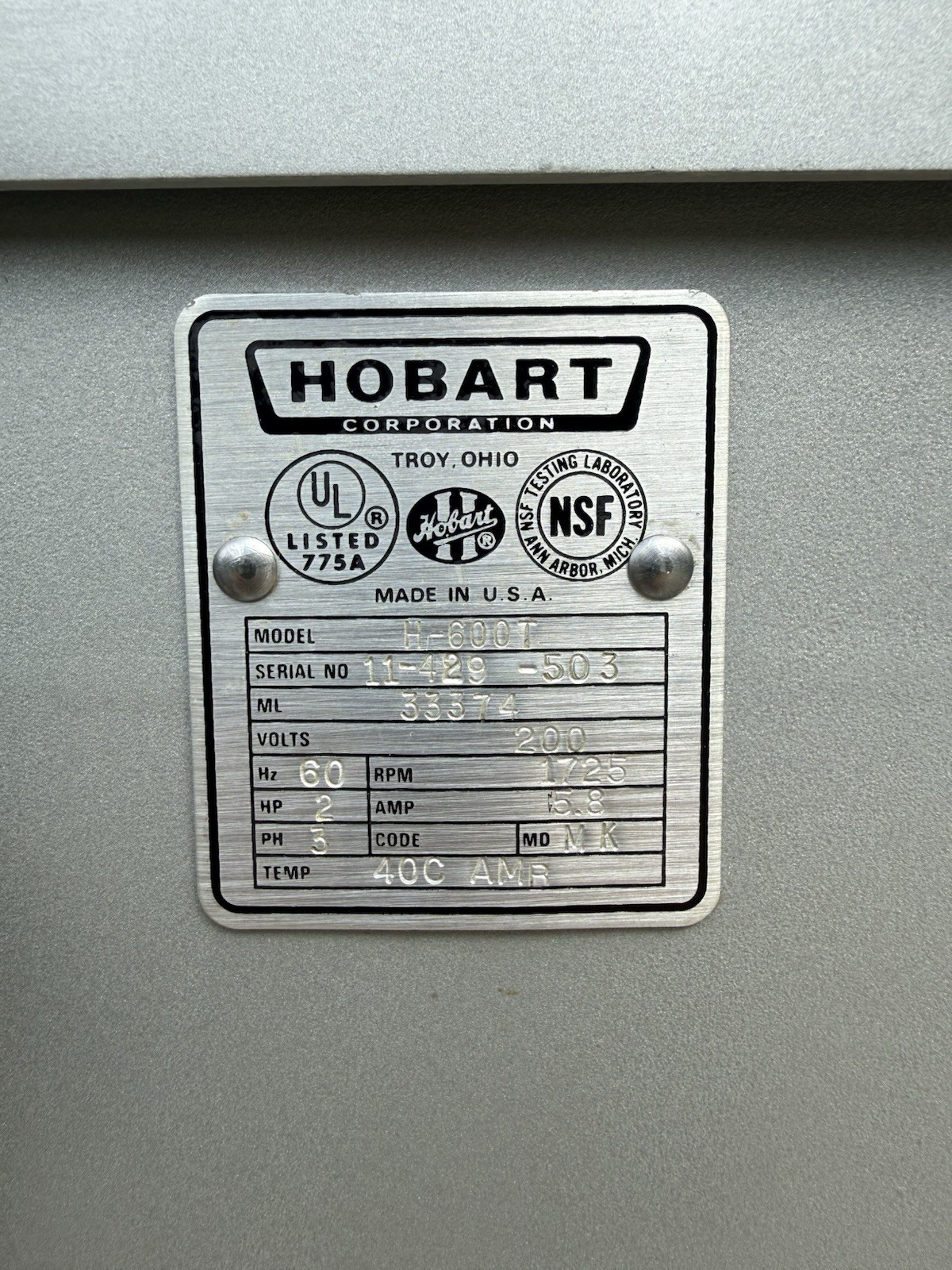 Hobart H-600 60 Qt. Commercial Mixer 200V 3PH w/ Bowl And 3 Attachments