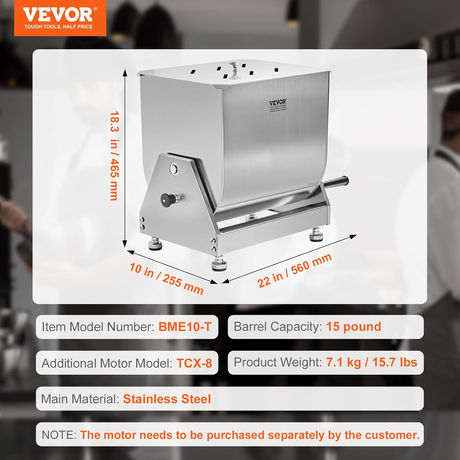 15lb Stainless Steel Manual Meat Mixer with Lid & Handle for Sausage Making