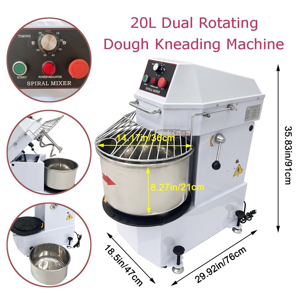 110V Stainless Steel 20L/20QT Food Mixer Dual Rotating Dough Kneading Machine