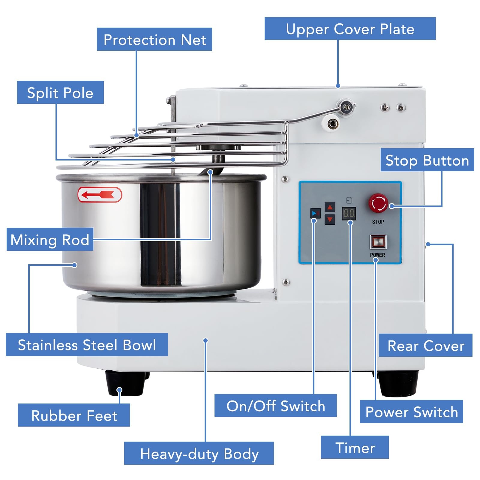 10.5 Qt Commercial Food Mixer 650W Dual Rotating Dough Kneading Machine With Tou