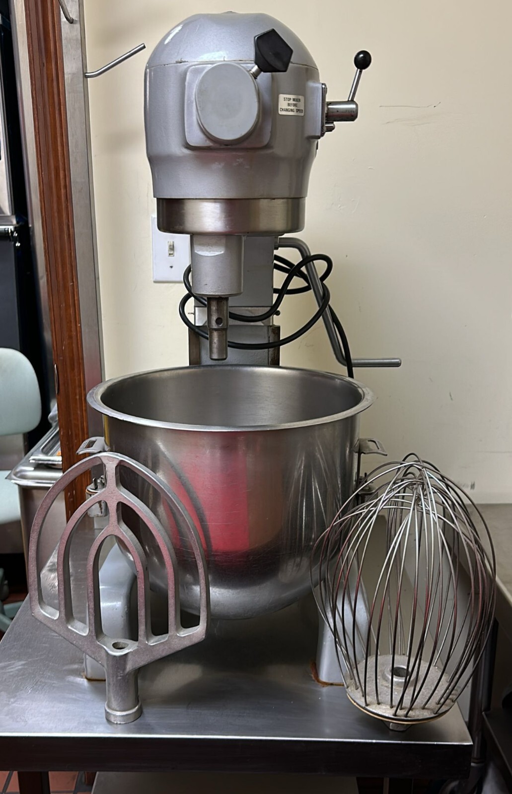 20 Quart Mixer Hobart A-200T 120V Stainless Steel Bowl, Paddle Whisk and table.