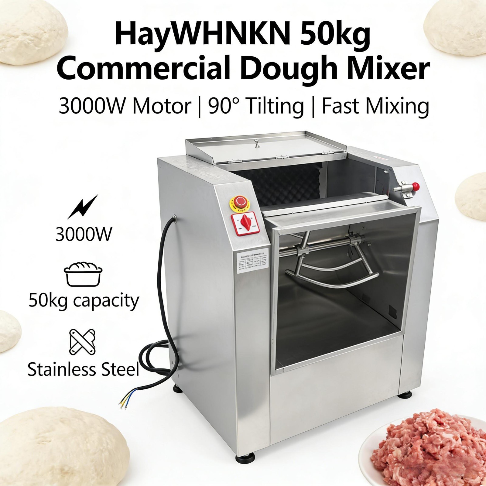 110.23lb Commercial Electric Flour Mixing Machine Dough Mixer w 90° Tilting Bowl