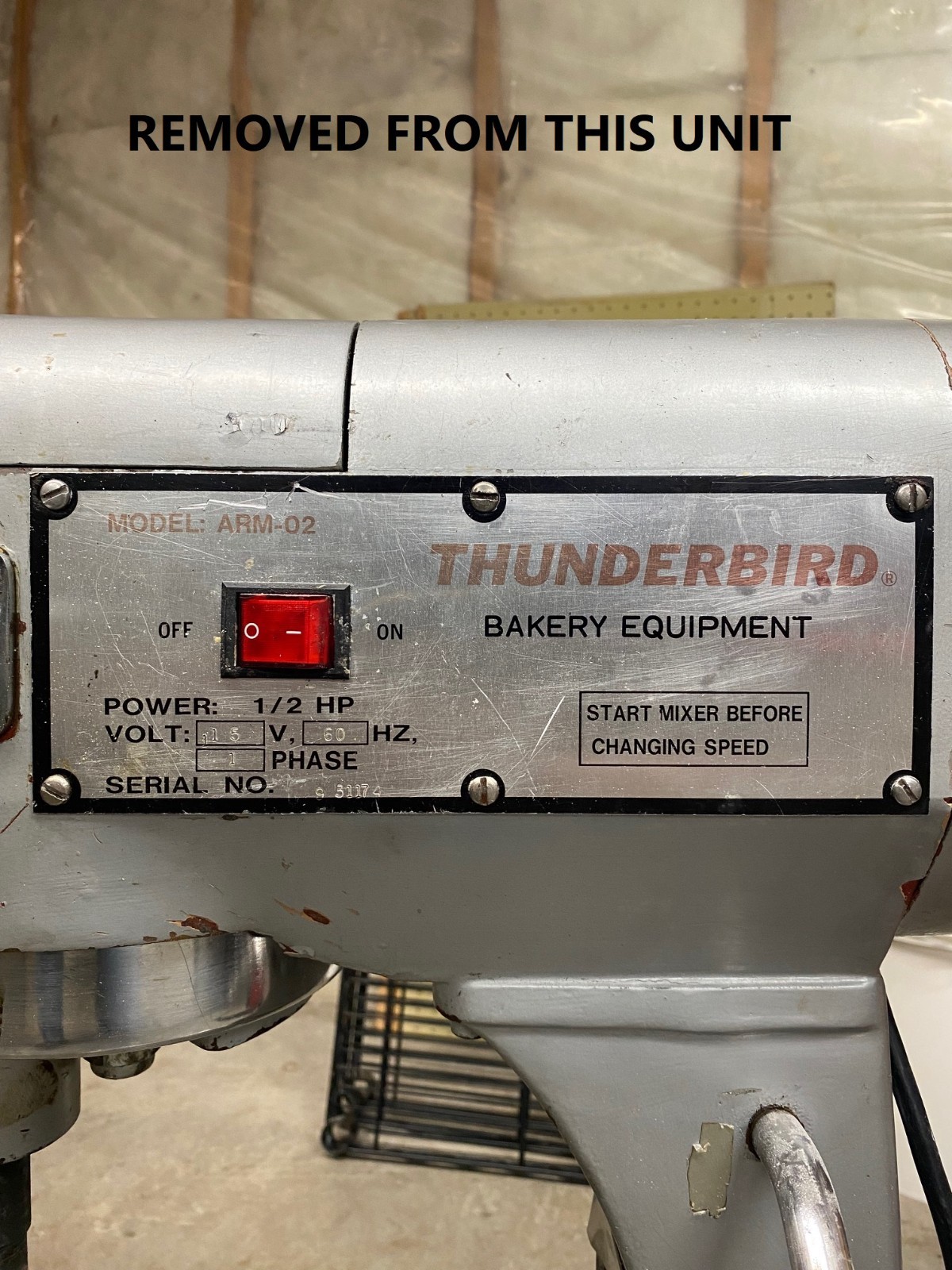 Thunderbird ARM-02 20 qt. dough mixer data plate
