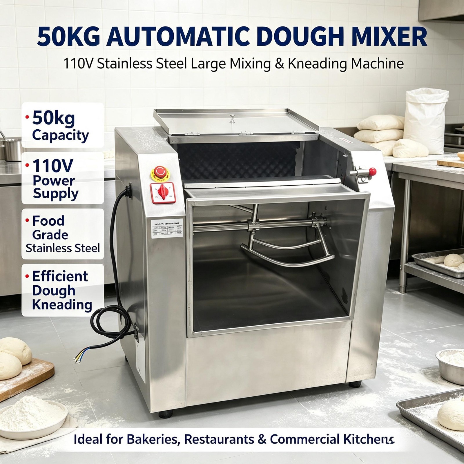 110V 50KG Commercial Dough Mixer 3000W Electric Flour Kneading Machine No plug