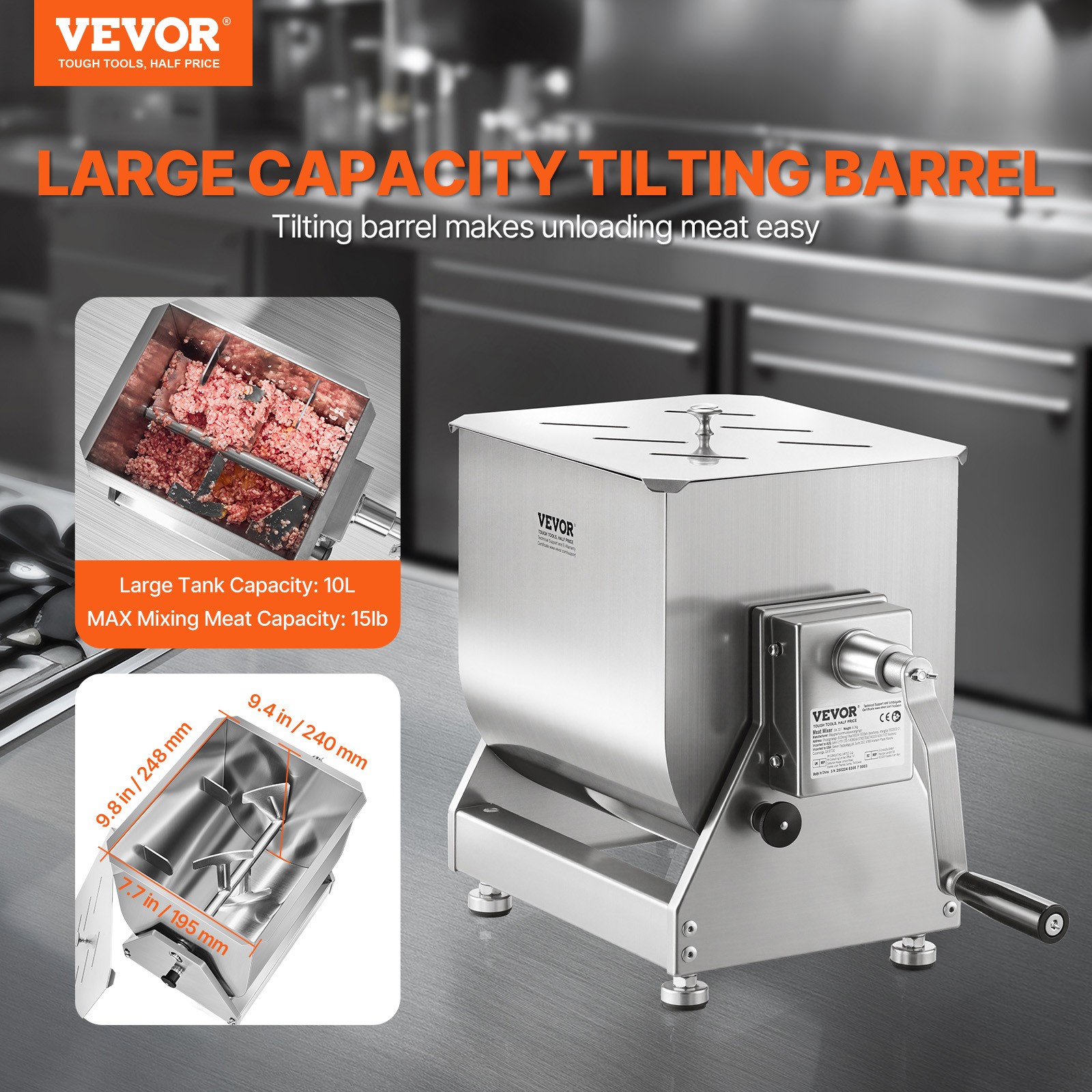 VEVOR Manual Meat Mixer Tilt Tank Mixing Max 15LB for Meat Sausage Mixer