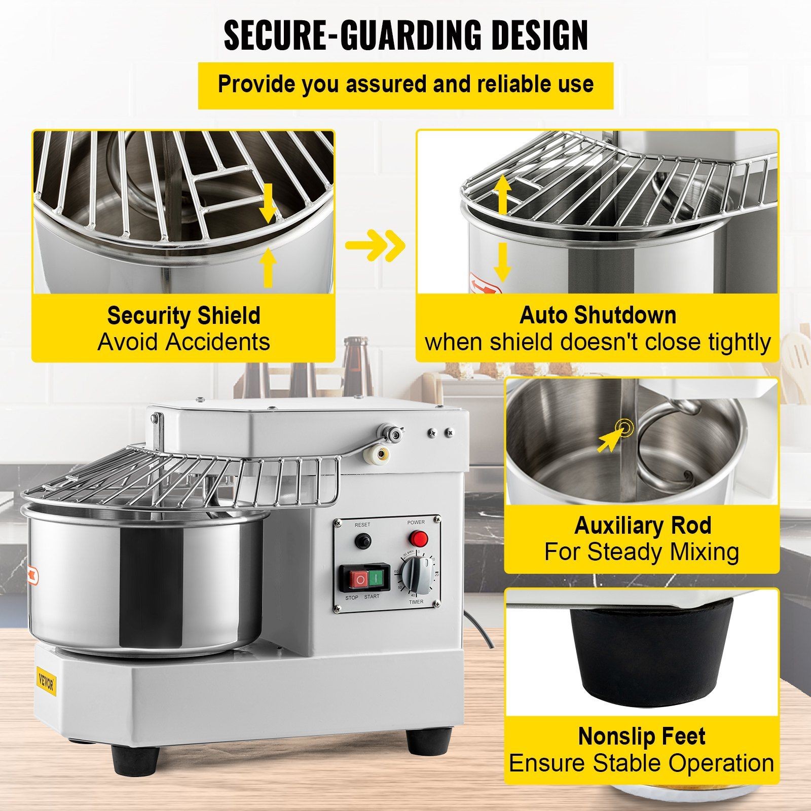 450W 8.5Qt Industrial Dough Mixer Stainless Bowl Safety Cover Timer
