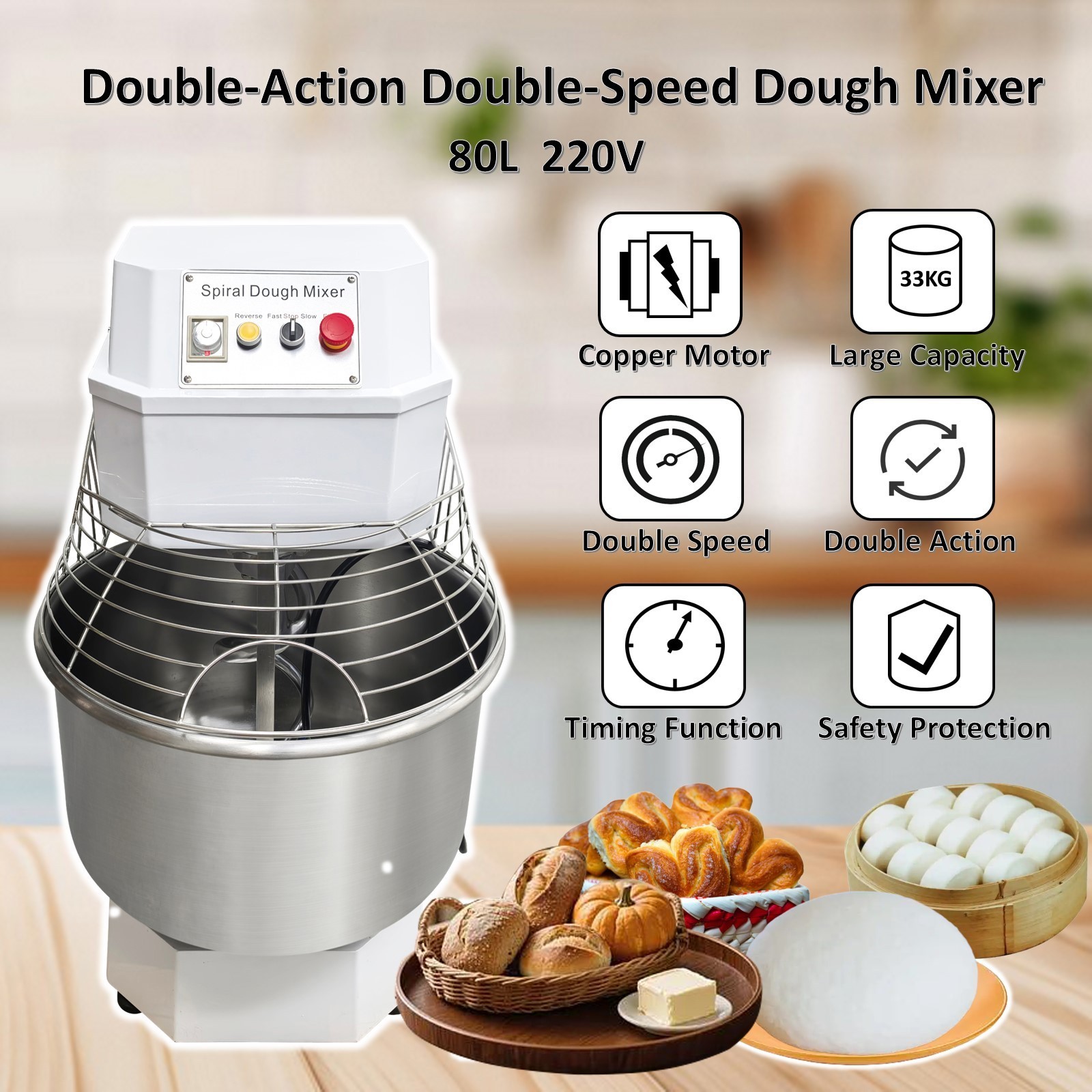 220V 3-Phase 80L Dough Spiral Stand Mixer Commercial Dual Speed Kneading Machine