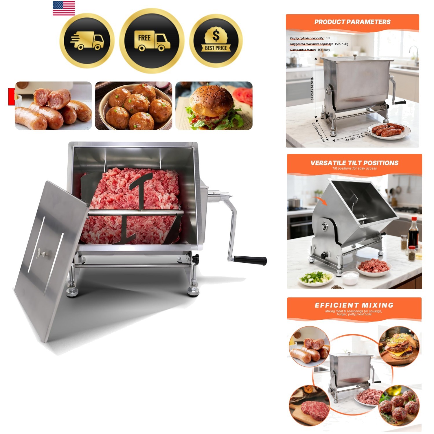 Hakka Commerical Meat Mixer, Stainless Steel 10L Tilt Tank Manual Meat Mixer …