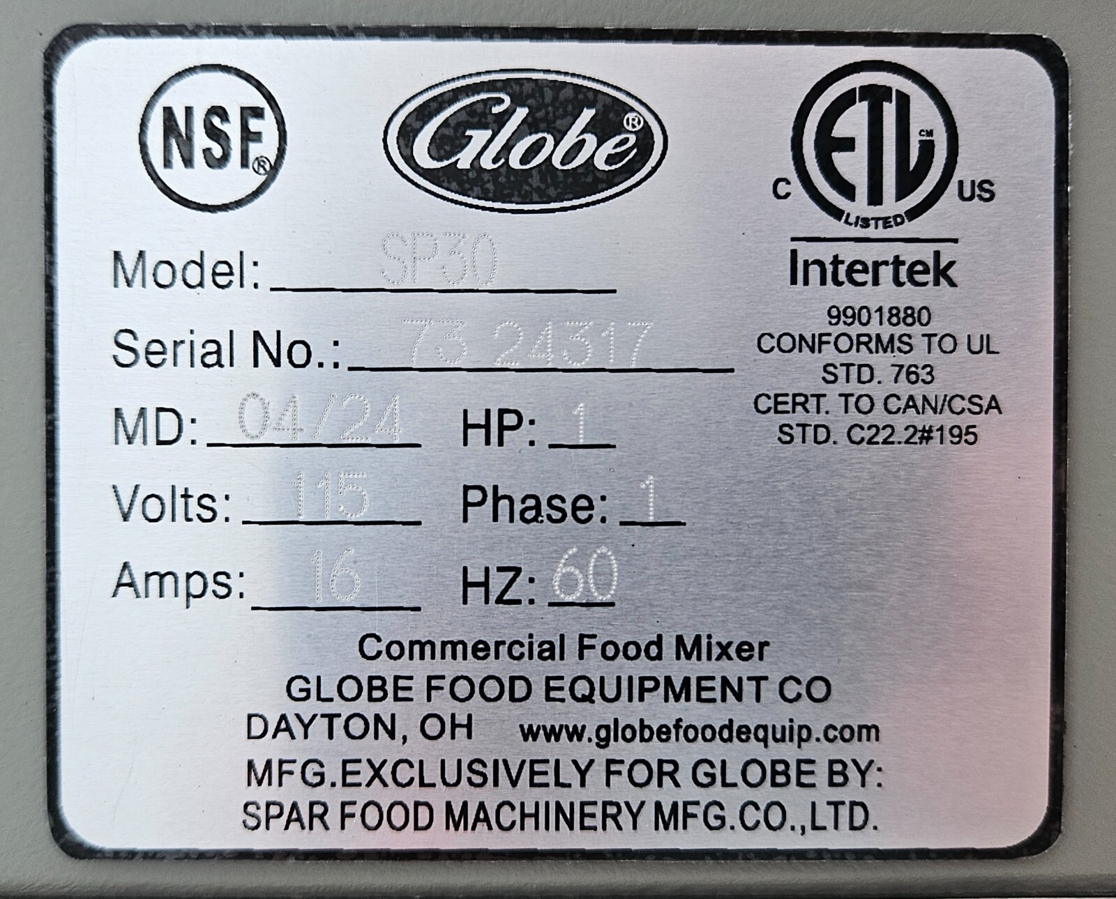 Globe SP30 Gear Driven 30 Qt. Commercial Planetary Floor Mixer – 115V – 1 HP