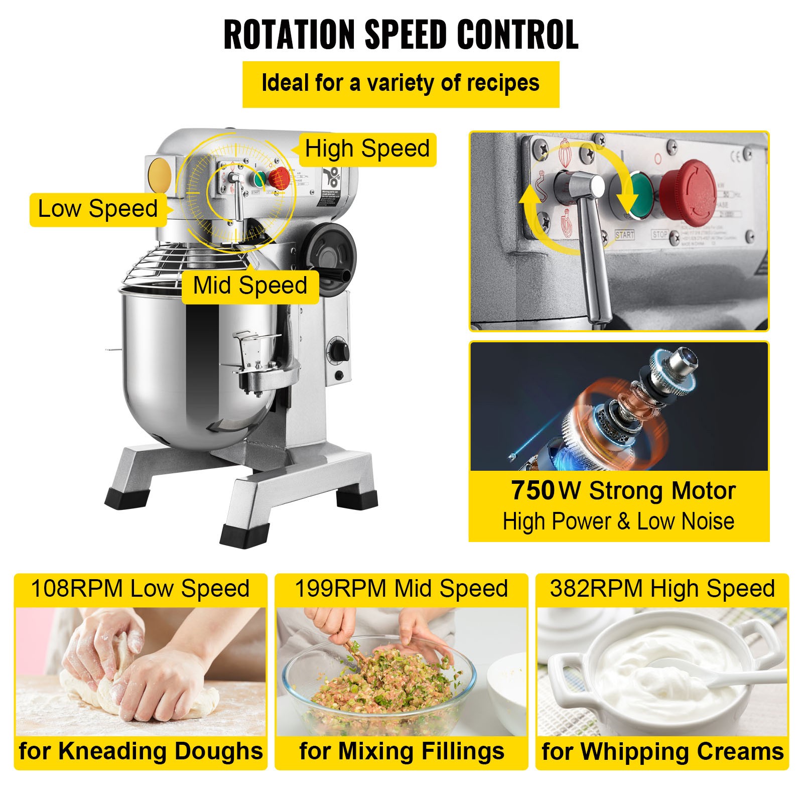 Commercial Electric Food Mixer Stand Mixer 20Qt Dough Mixer 3 Speed 750W w/ Time