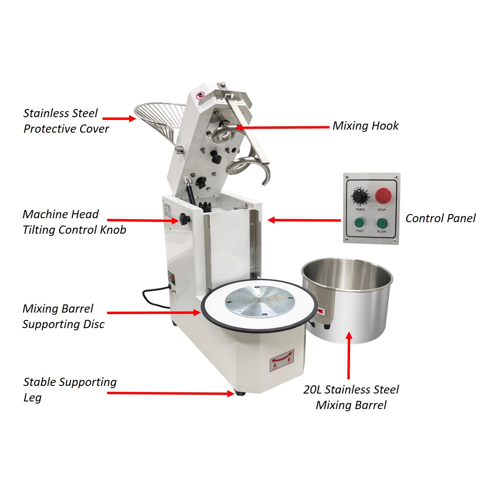 20L Commercial Stand Dough Mixer with Detachable Bowl Double Speed Double Action