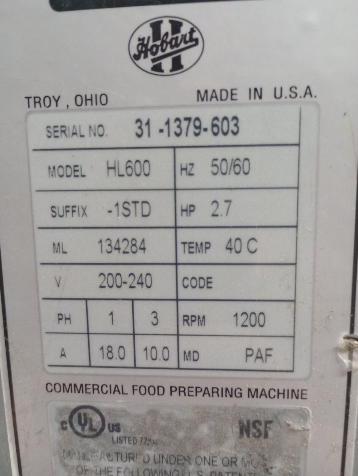 hobart mixer HL 600  60qt without attachments 