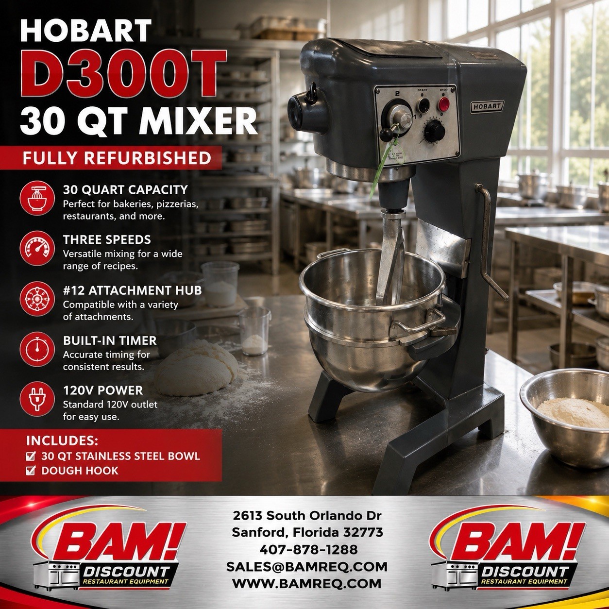 HOBART D300T 30qt Bakery Pizza Dough Mixer + Stainless Bowl/Hook *Refurbished*