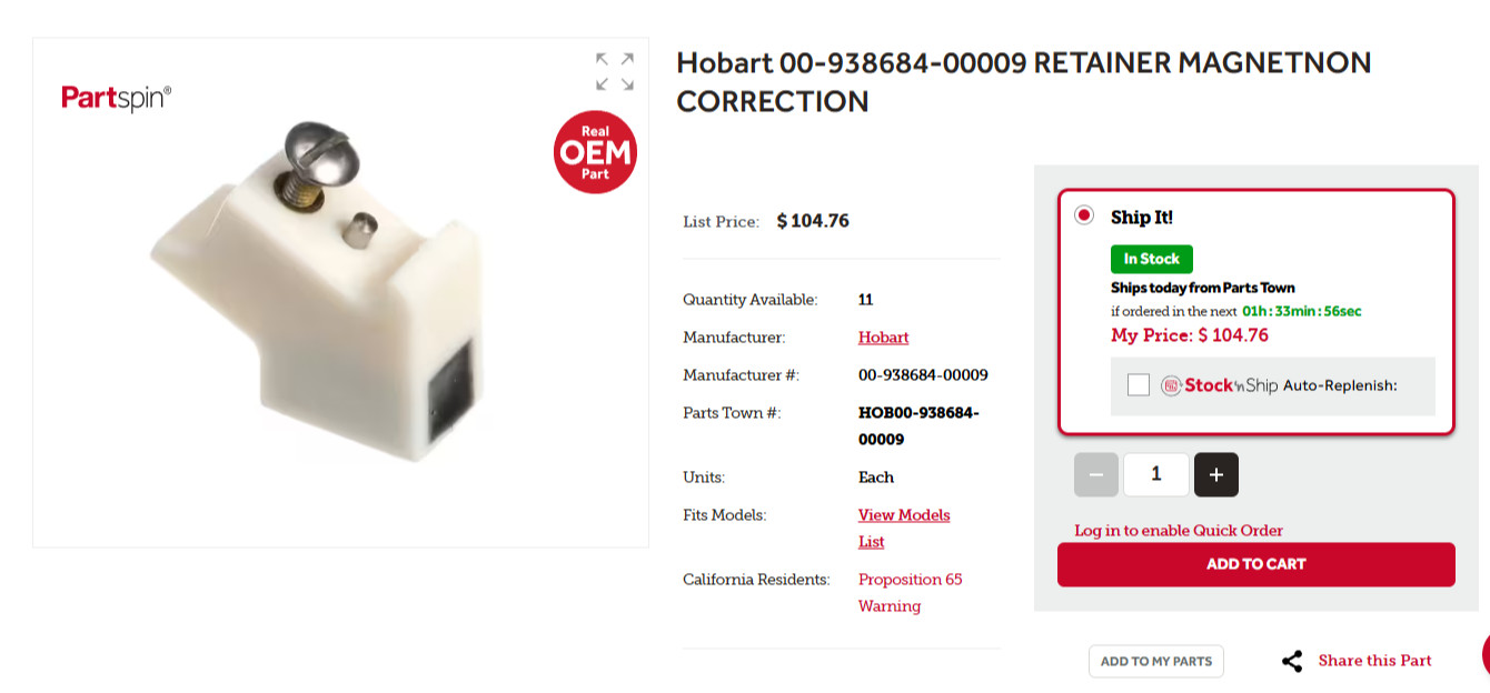 Hobart 00-438086 Retainer Magnet, H600 and L800