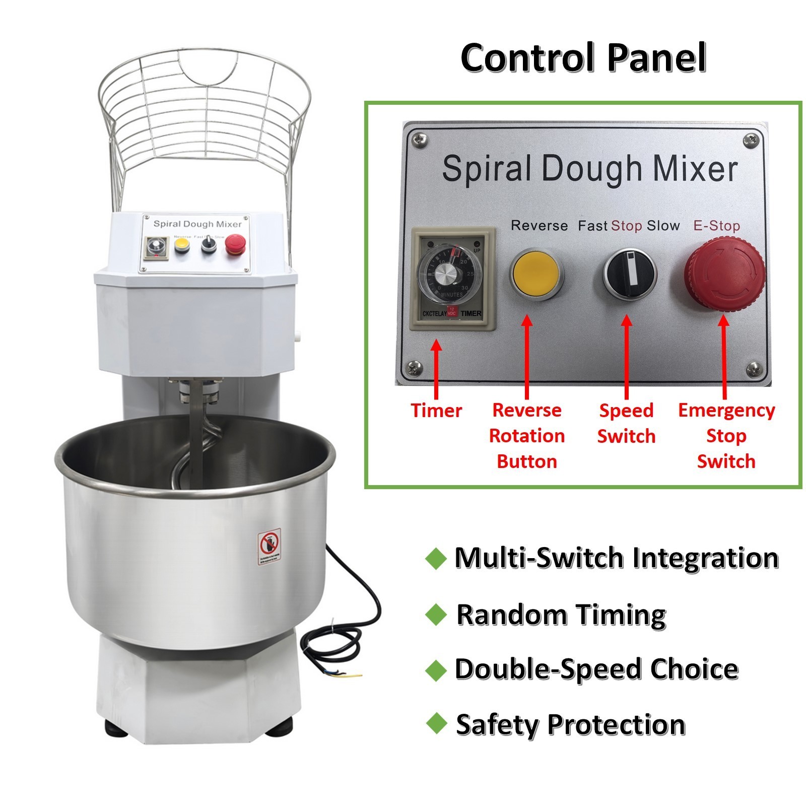 50L Commercial Dough Mixer 220V Double Action Double Speed Spiral Flour Mixer US